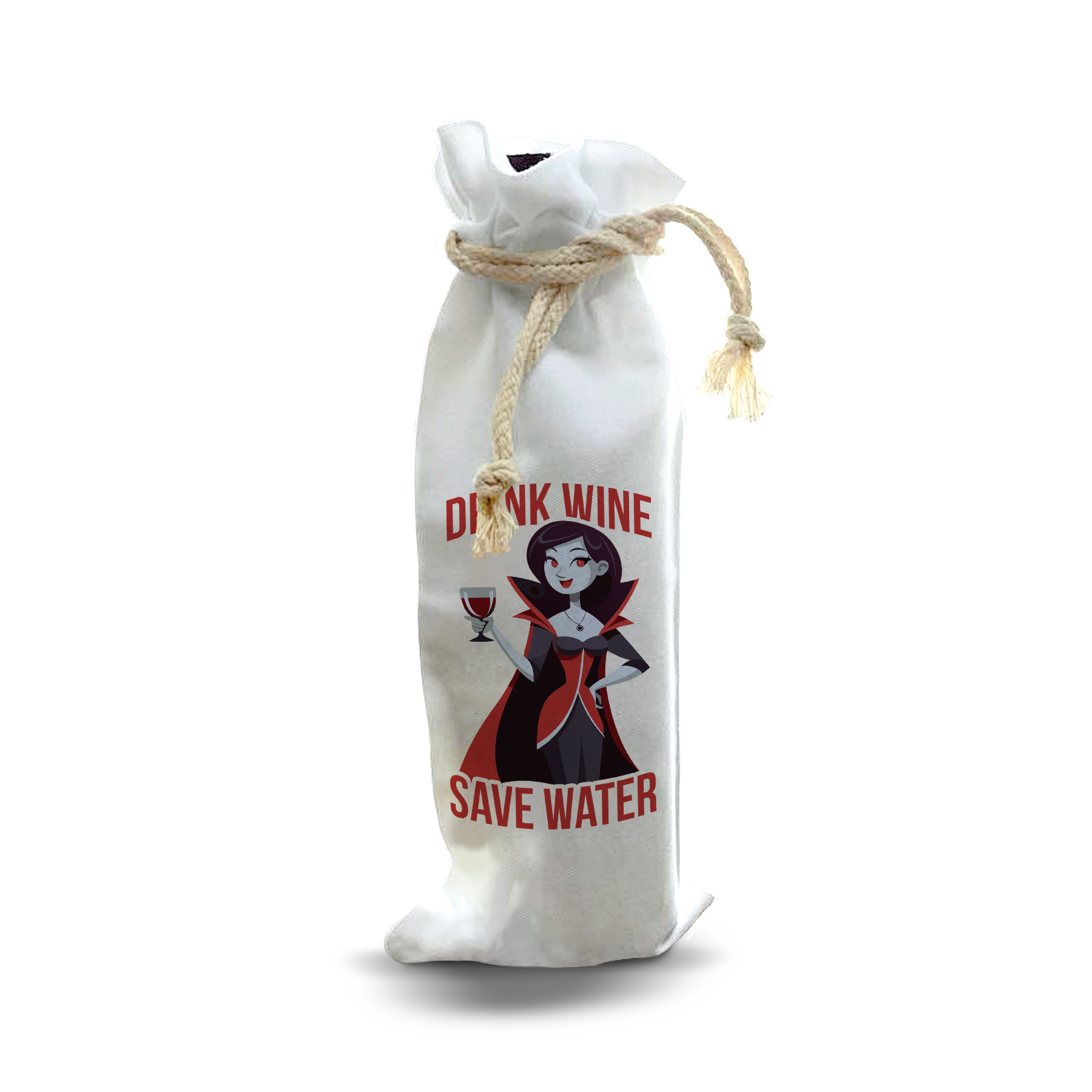 thumbnail video image 2 of Jolitee Reusable Canvas Wine Bottle Gift Bag – “Drink Wine Save Water” – Funny Vampire Halloween Bottle Cover, 2 of 6