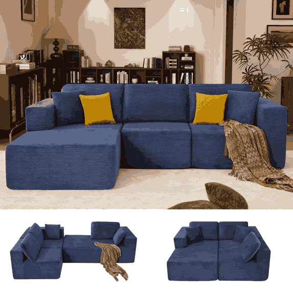 thumbnail video image 2 of JONPONY 109”Cloud Sectional Couch, Boneless Modular Sofa with L-Shape Chaise, Deep Seat Corduroy Couch, No Assembly Required, Modern Upholstered Sectional for Living Room Apartment Bedroom,Blue, 2 of 11