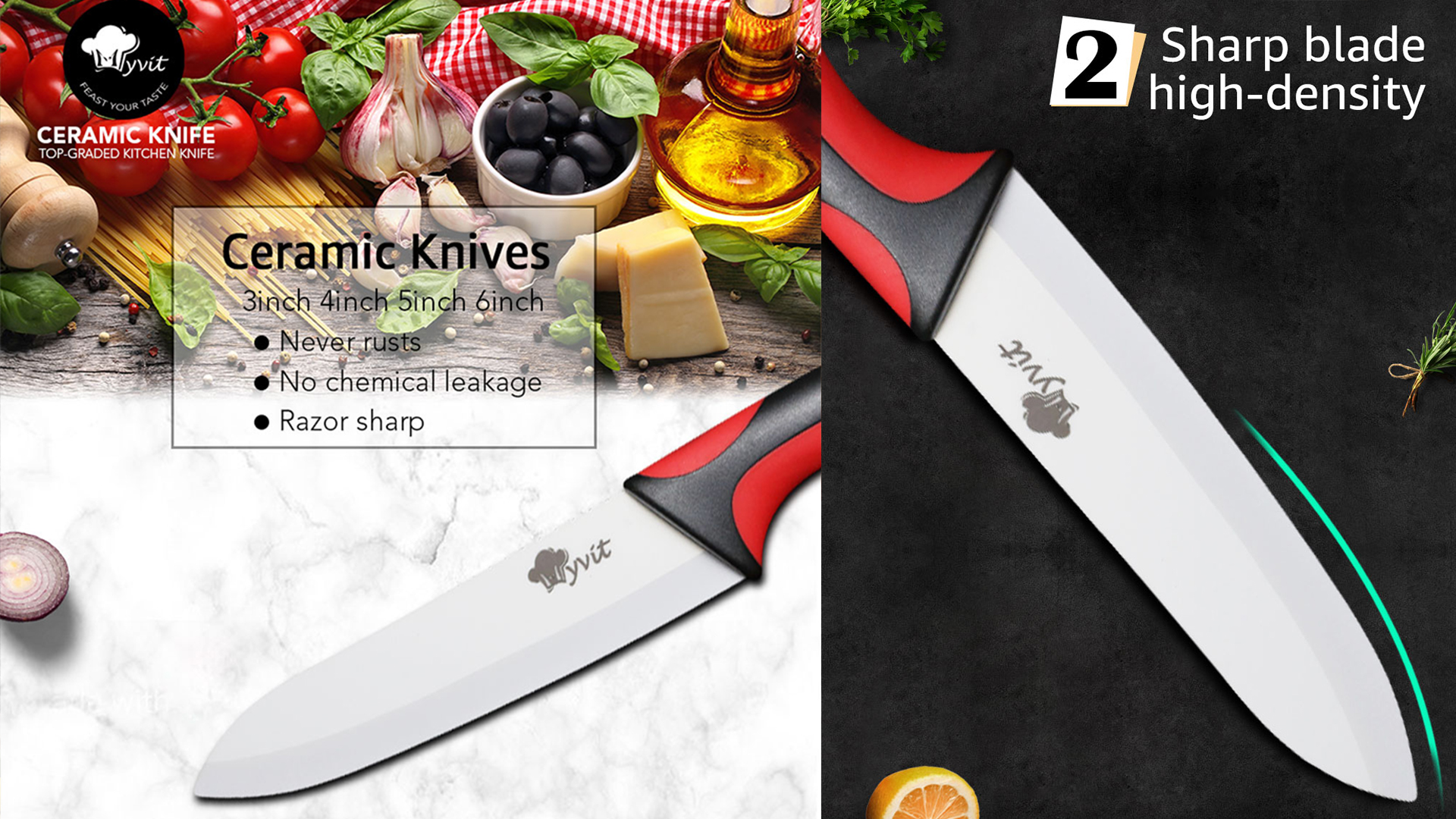 thumbnail video image 2 of MYVIT Ceramic Knife Set with Covers 3" 4" 5" Paring Knife and 6-inch Chef knife Kitchen Knives Fruit Vegetable Peeler Cooking Tool, 2 of 9