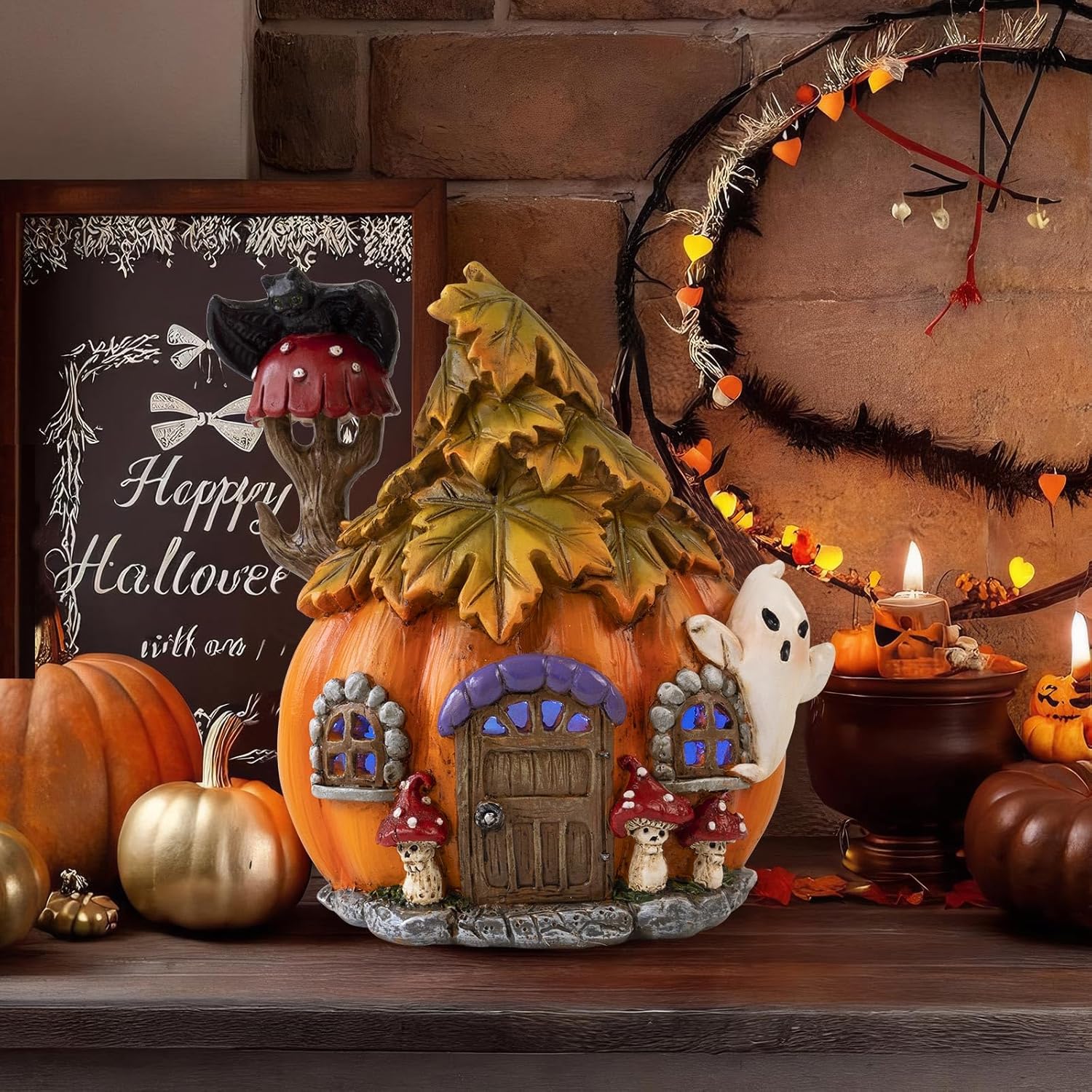 thumbnail video image 2 of Colorful Light Up Halloween Village, 6.5"H Spooky Miniature Haunted House Decor, Resin Ghost Pumpkin Figurine Outdoor Fall Fairy Garden Statue, Indoor Tabletop Desk Mantel Decoration for Home, 2 of 7