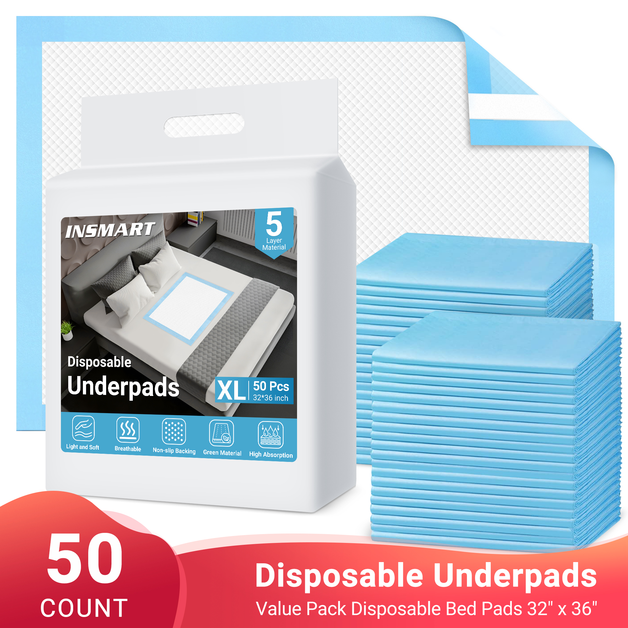 thumbnail video image 2 of INSMART Bed Pads for Incontinence Disposable, 32" x 36", 50 Count Disposable Incontinence Bed Pads-Maximum Absorbent Unisex Large Chucks Pad-Incontinence Bed Pads-Bed Liners(Upgrade Tape), 2 of 7