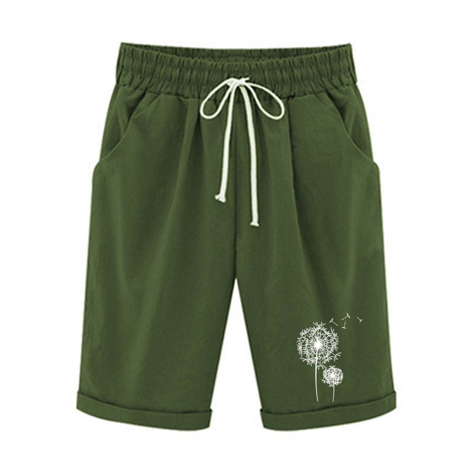 thumbnail video image 2 of Mrat Bermuda Shorts for Women Knee Length Cotton Linen Shorts 10” Long Shorts Casual Plus Size Shorts Elastic Waist Half Knee Pants with Pockets Beach Shorts S-22 Green S, 2 of 4
