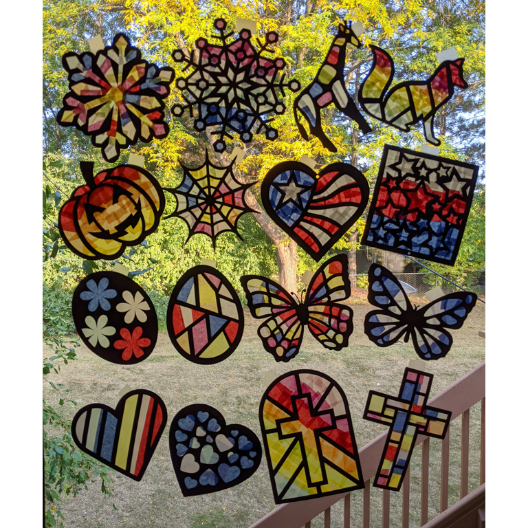 Window Art 24 Pack DIY Suncatcher Kit - Stained Glass Tissue Paper ...
