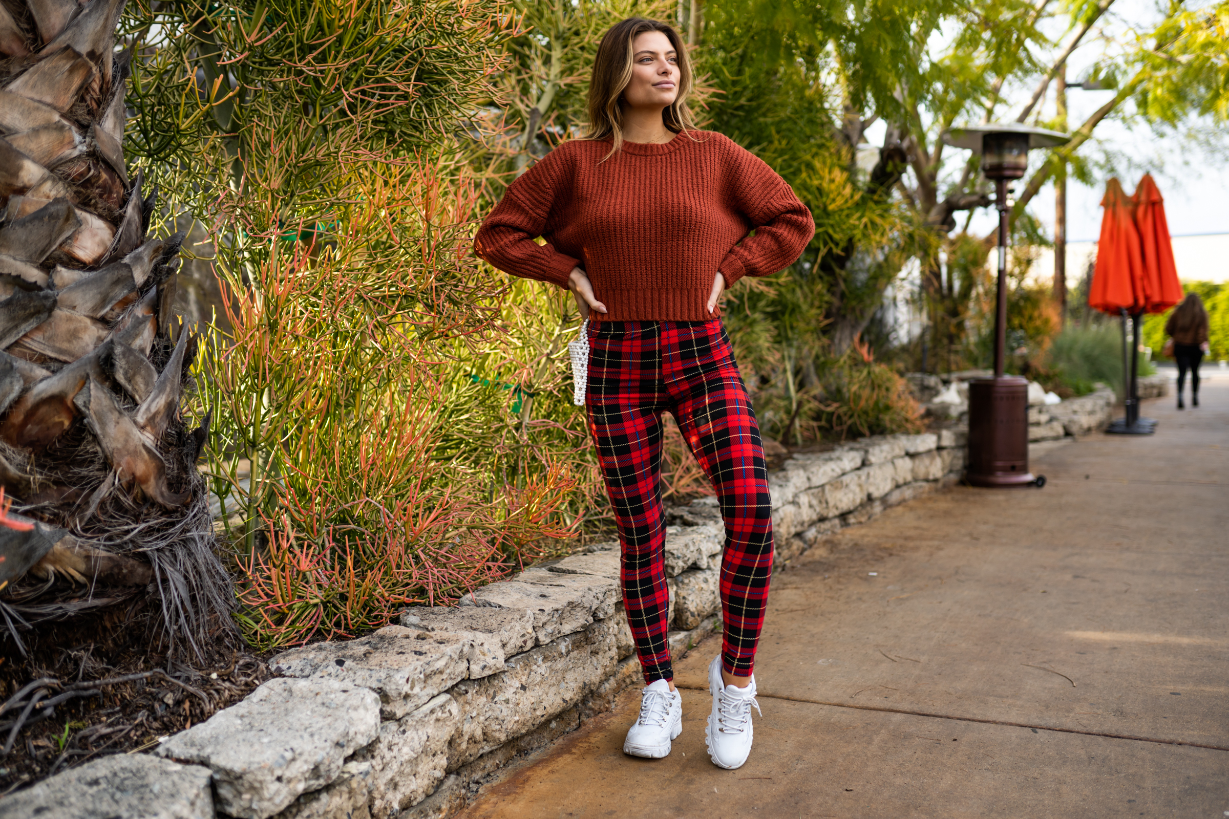 thumbnail video image 2 of Womens Regular Size Red Plaid Design Leggings (One Size), 2 of 4