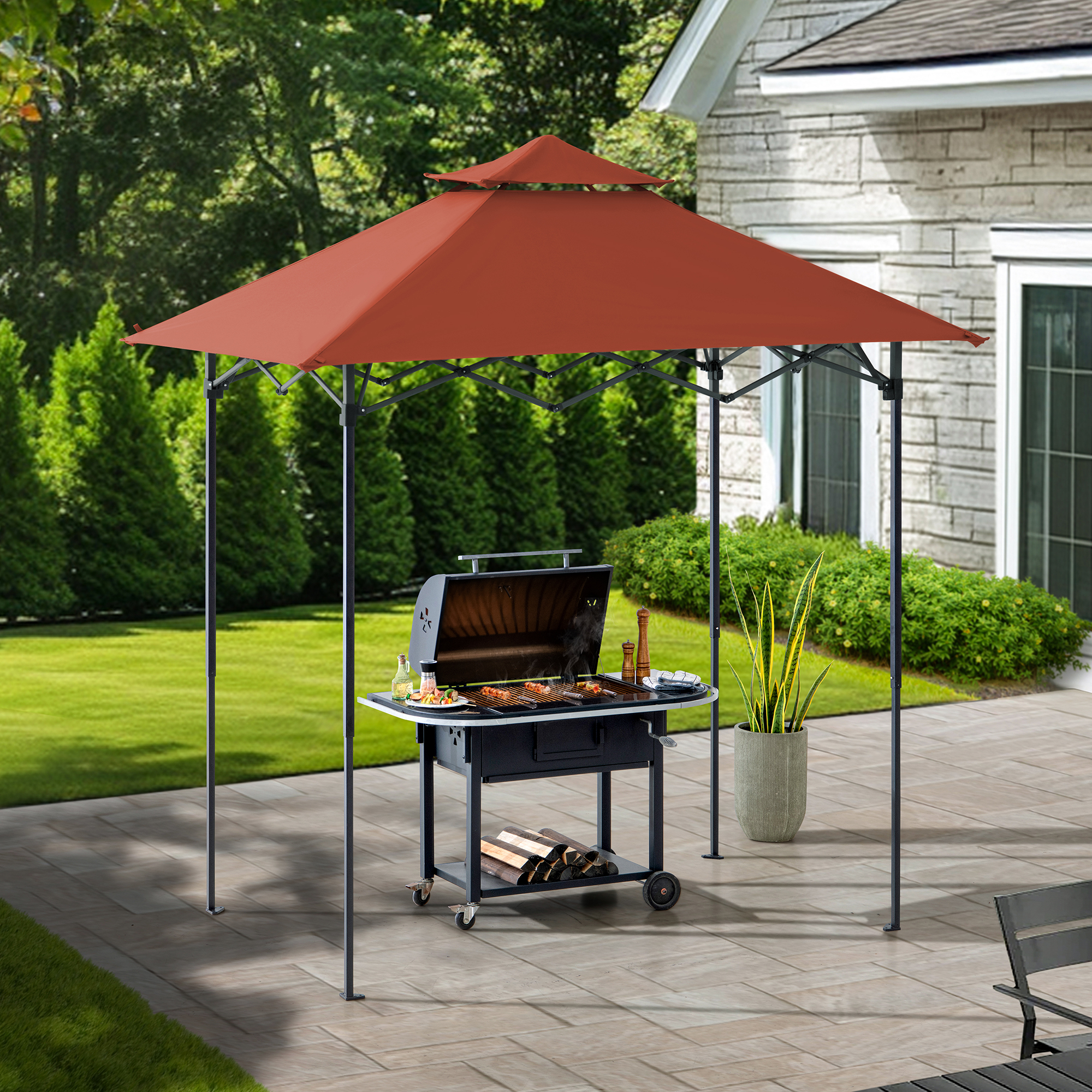 thumbnail video image 2 of SUNJOY 8' x 5' Pop Up Grill Gazebo Double Tiered Outdoor Gazebo Standing-Height Canopy with Magnetic LED Light, Adjustable Ceiling Height, for BBQ,Picnics, Outdoor Events, Brown, 2 of 11