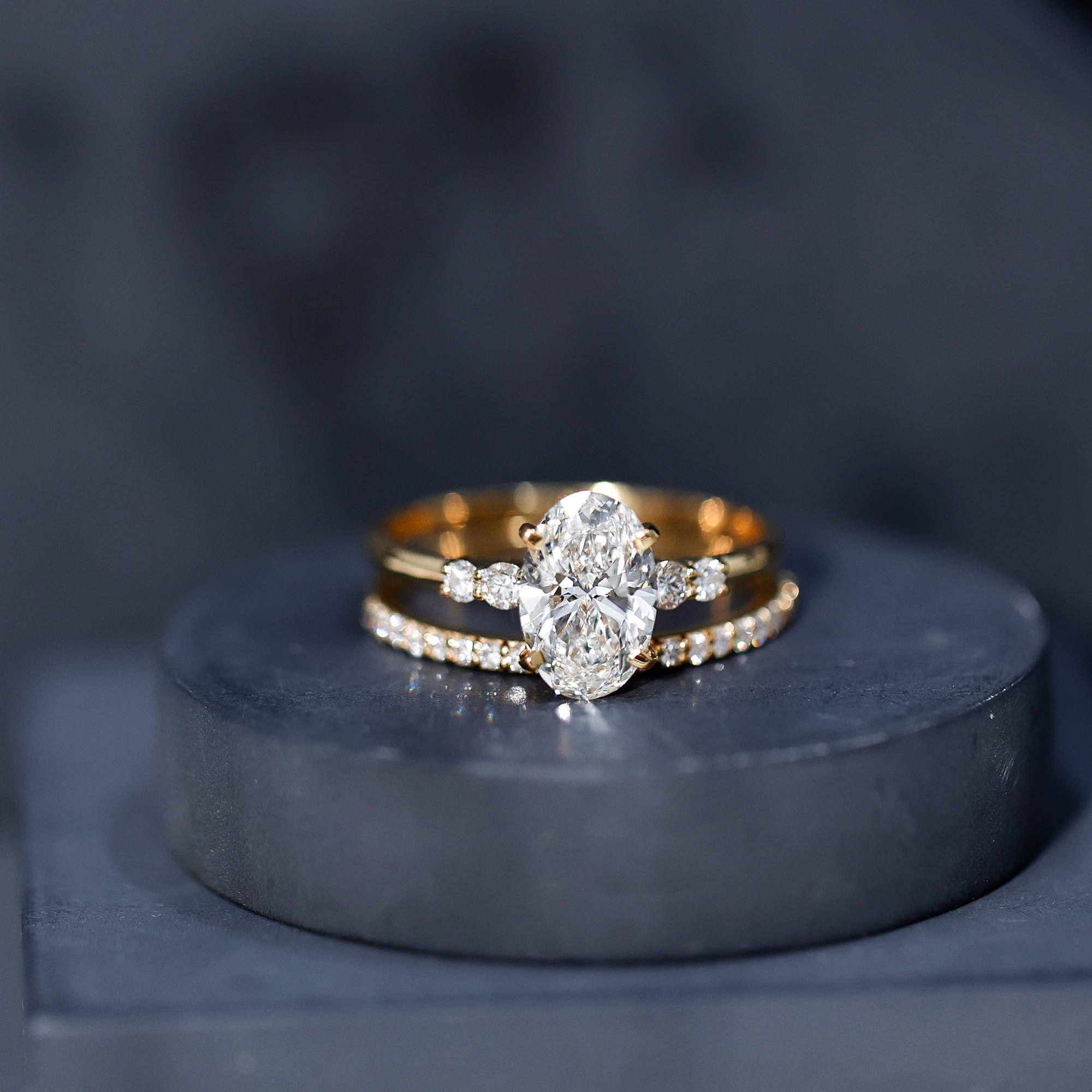 thumbnail video image 2 of Rosec Jewels Lab Grown Diamond Bridal Ring Set - IGI Certified - E-VS1 Grade - 3 Carat Oval Engagement Ring with Enhancer, 14K White Gold, US 8.00, 2 of 9