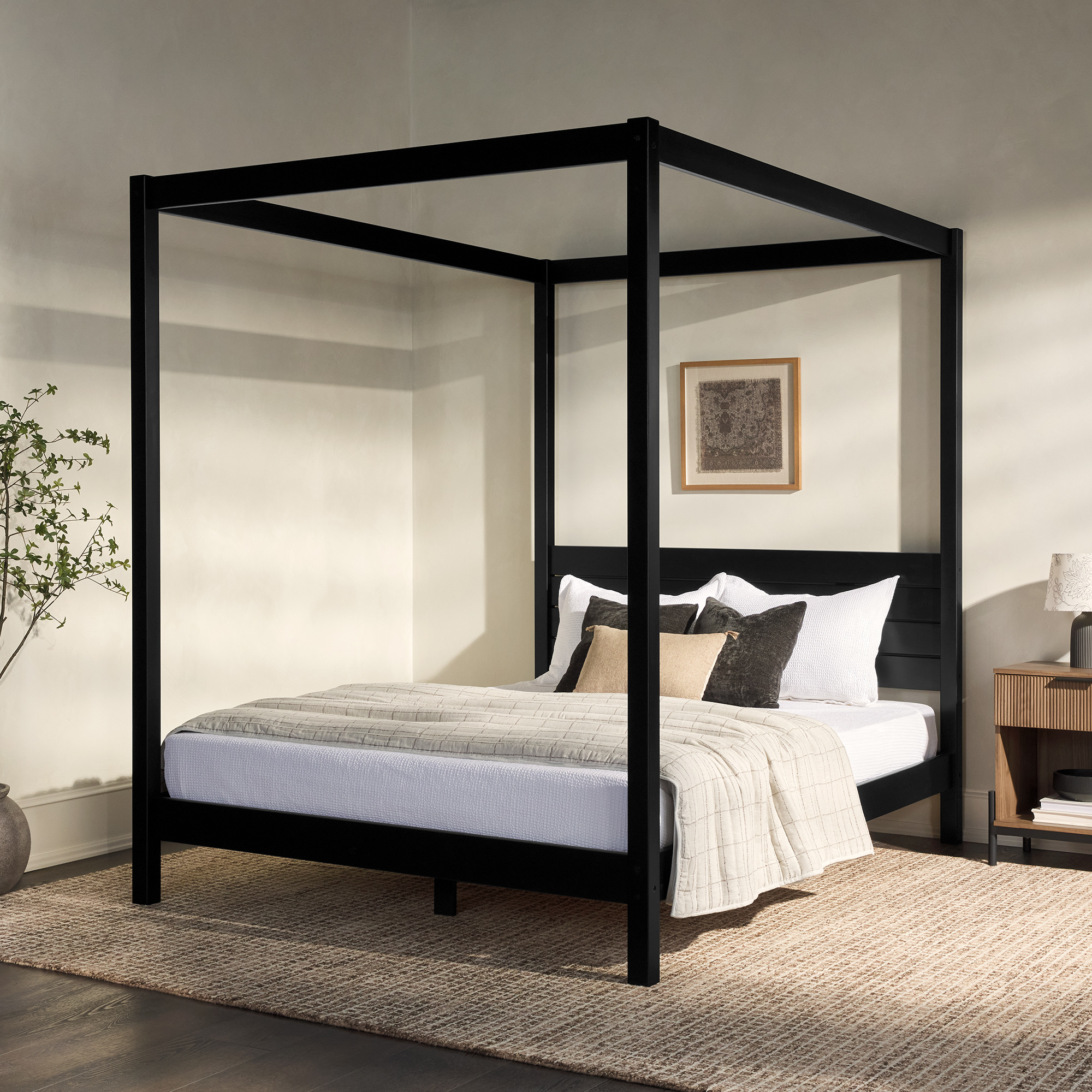 thumbnail video image 2 of Walker Edison Minimalist Slatted Wood Queen Canopy Bedframe, Black, 2 of 18