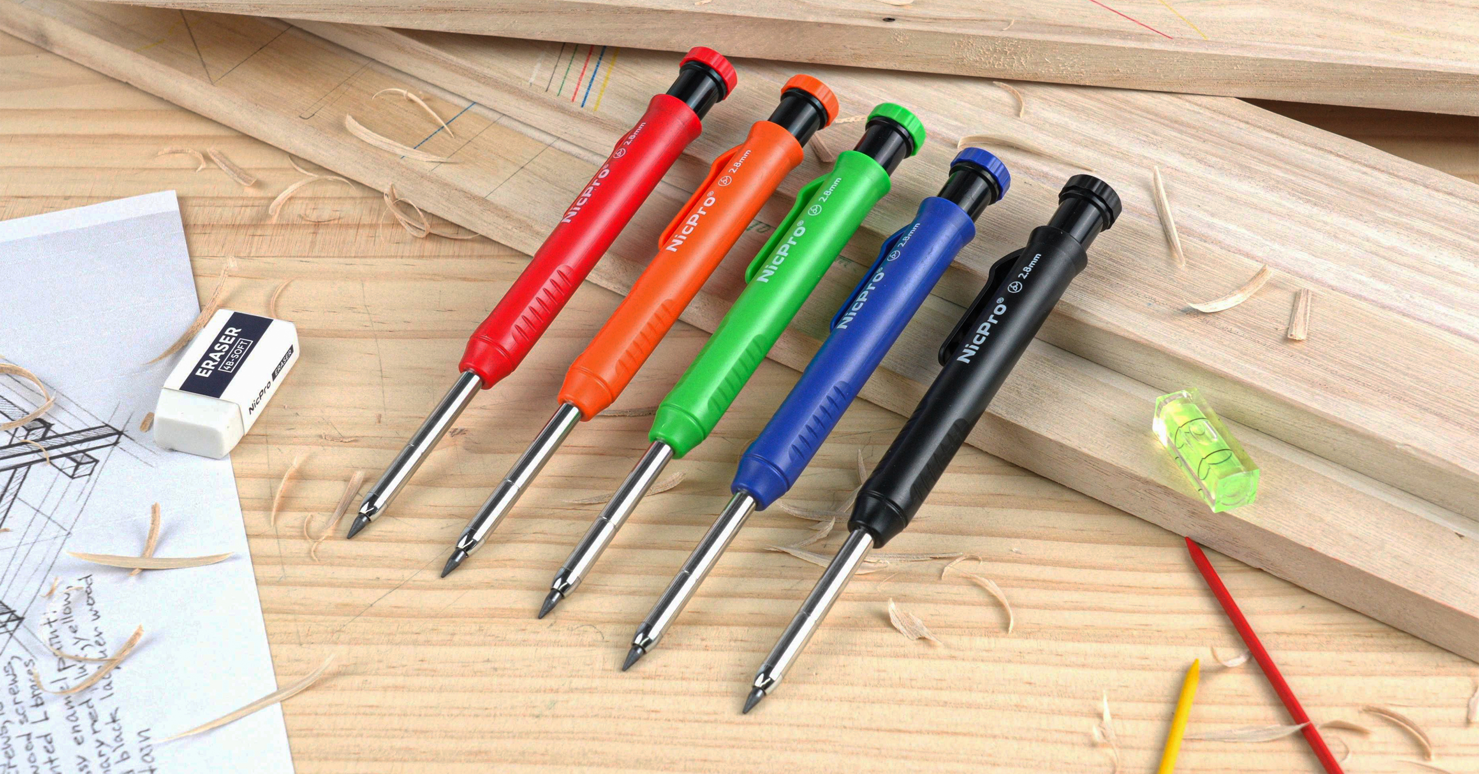 thumbnail video image 2 of Nicpro 31 Pack Carpenter Pencil Set, Mechanical Pencils with 128 Pcs Refills and Carbide Scribe Tool, Heavy Duty Construction Pencils for Architect Woodworking - with Canvas Case, 2 of 9