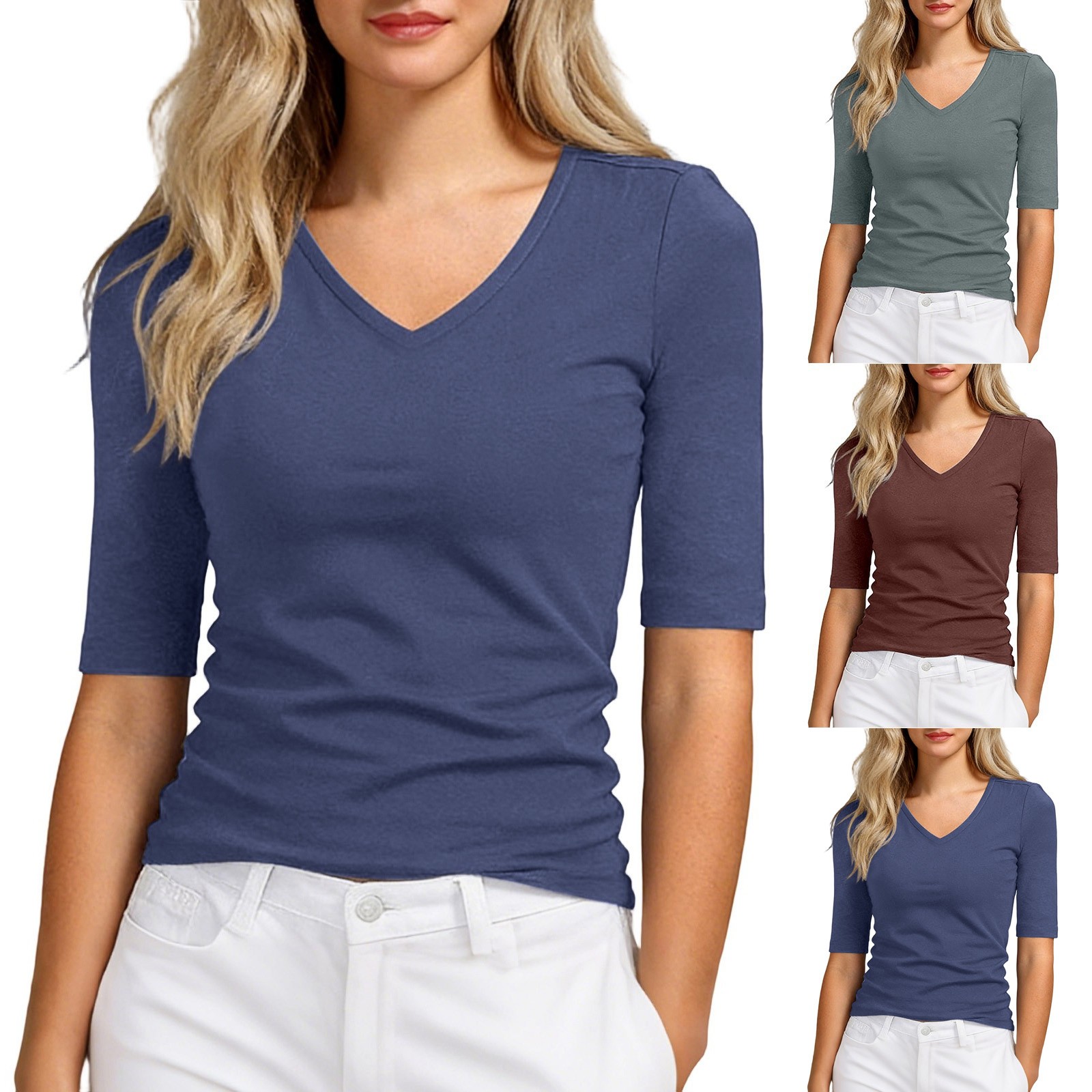 thumbnail video image 2 of Women's Plain Basic Elbow Length Sleeves V Neck Top Fitted Shirt, 2 of 6