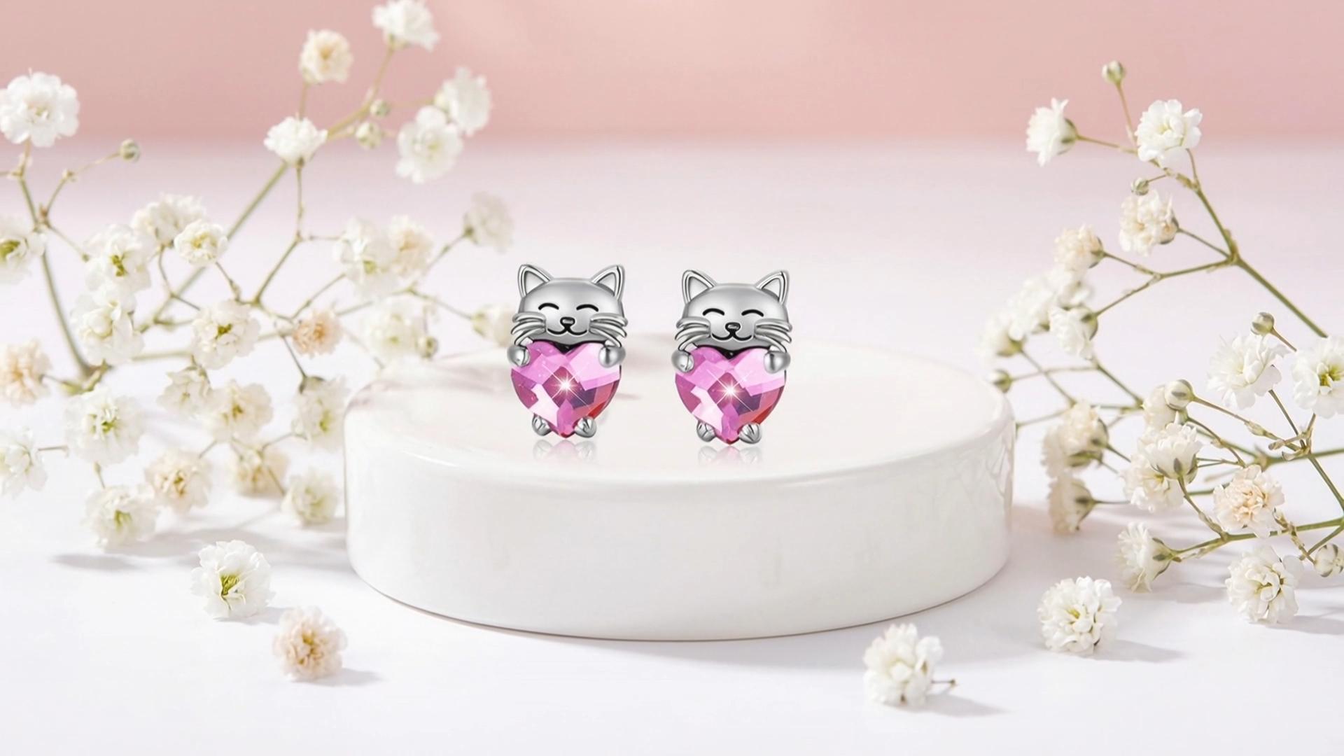 thumbnail video image 2 of Midir&Etain Cat Love Earrings 925 Sterling Silver Cat Earrings Cute Animal Little Cat Earrings Cat Jewelry Gifts Women's Allergic Earrings Suitable for Sensitive Ears（Pink）, 2 of 7