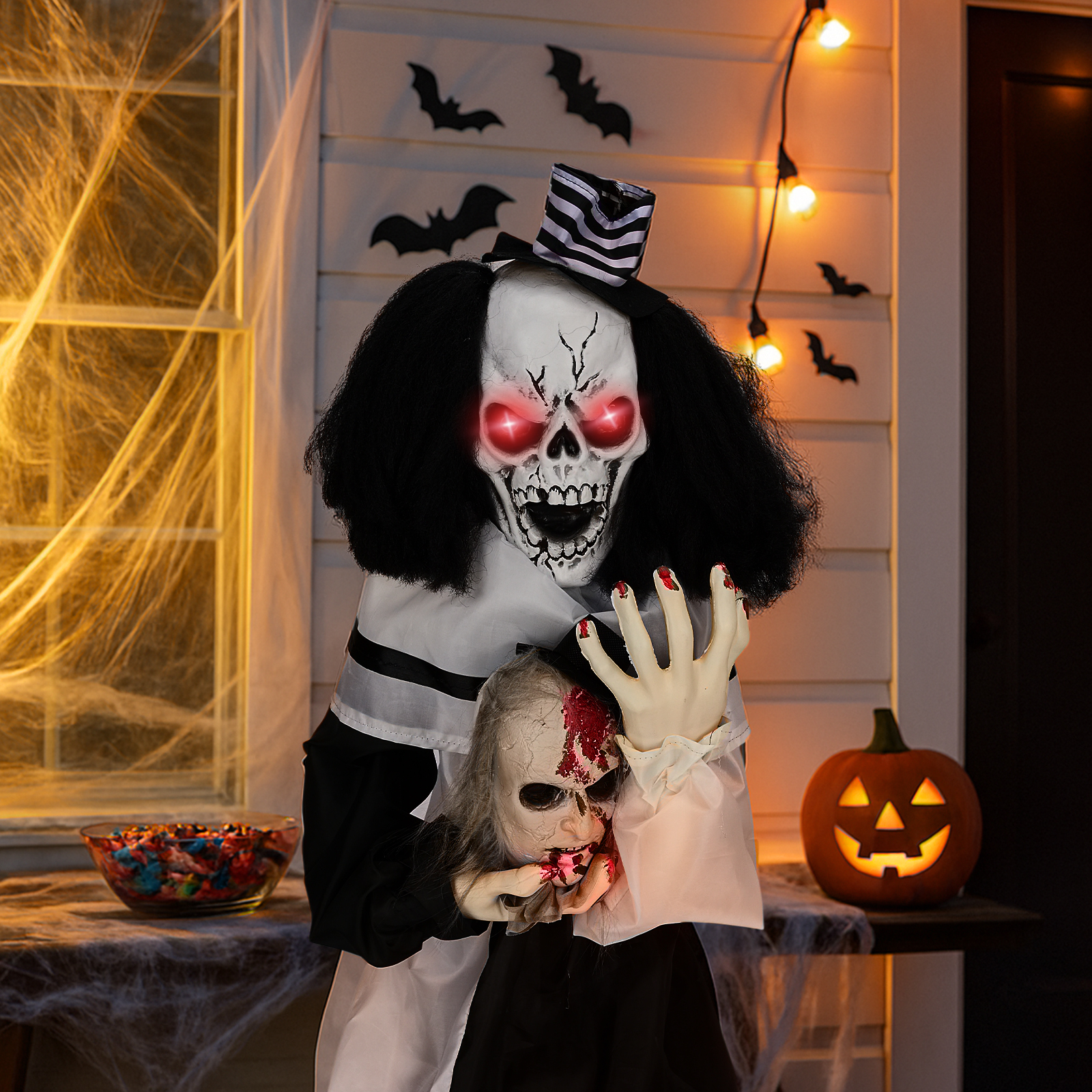 thumbnail video image 2 of Ktaxon Halloween Clown Animated Animatronic Decoration Squatting Clown w/ Pre-Recorded Screaming for Patio Corners,Aisles,Behind doors,Desktop, 2 of 9