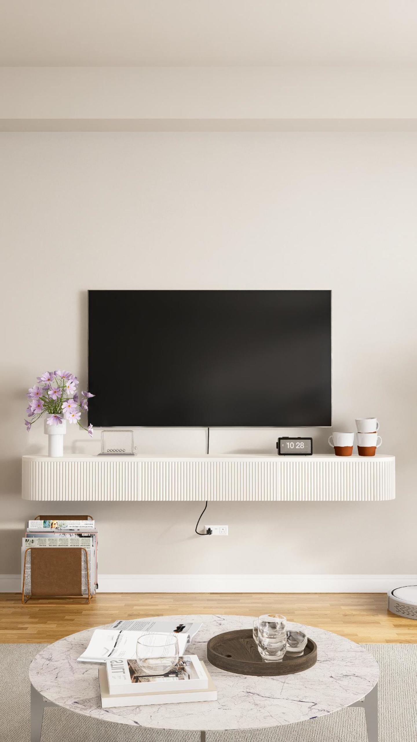 thumbnail video image 2 of ​​FloatiCasa 55-inch Floating TV Stand Wall-Mounted Media Console with Vertical Groove Design, for TVs up to 60 inches, Fully Assembled(White), 2 of 15