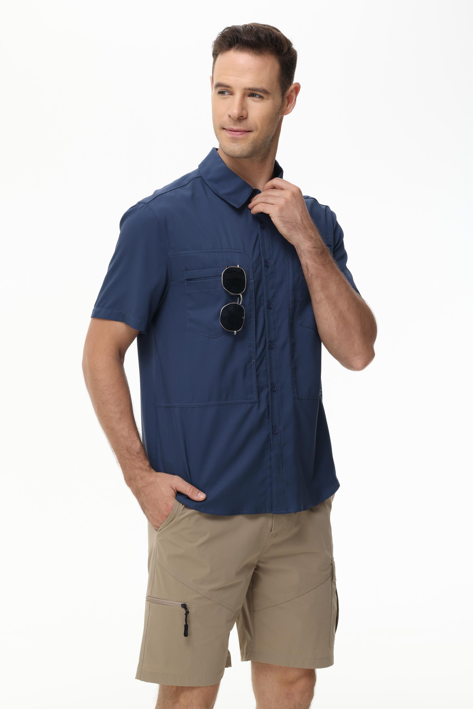 thumbnail video image 2 of Taigaofy Men's UPF 50+ Sun Protection Short Sleeve Safari Shirts Fishing Shirts Hiking Work Casual Shirt with Zipper Pocket, Navy L, 2 of 8