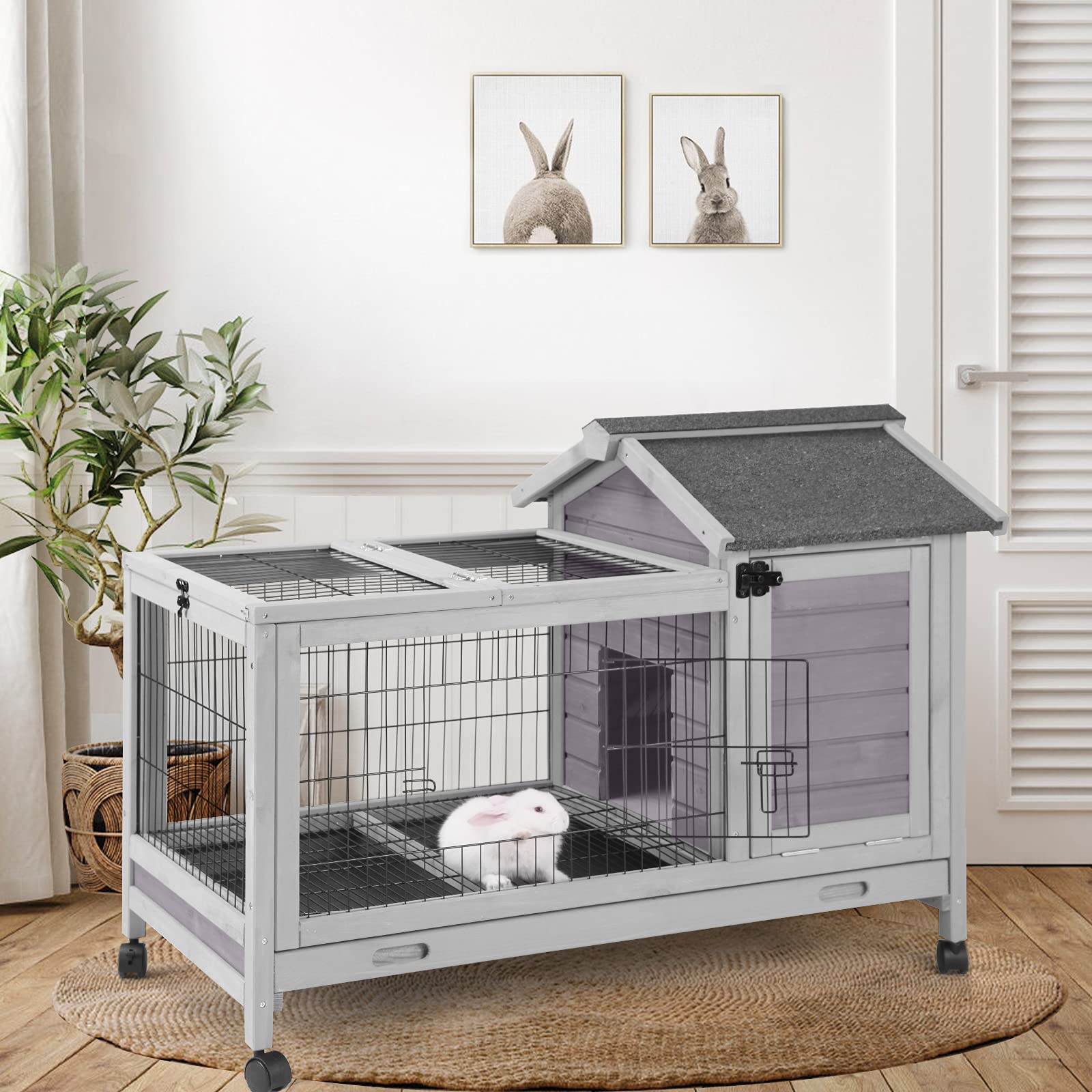 thumbnail video image 2 of BUTINGLALE Rabbit Hutch Indoor Outdoor Rabbit Cage Bunny Cage with Run,No Leak Pull Out Tray,Wire Fence, 2 of 7