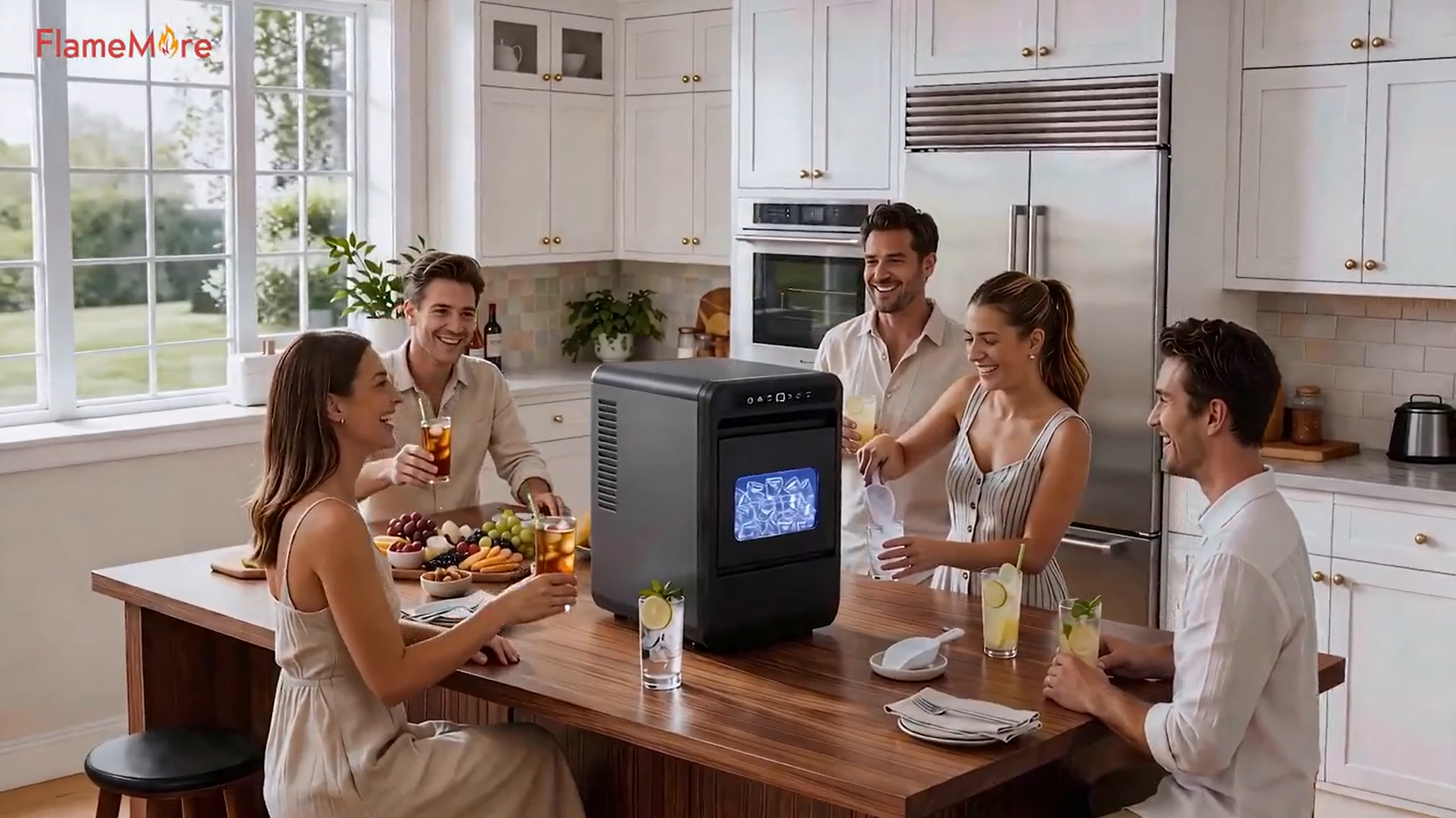 thumbnail video image 2 of Flamemore Clear Countertop Ice Maker, 8 Crystal Clear 1.2" Large Craft Ice Cubes in 20 Mins, Portable Ice Machine with Self-Cleaning for Home Bar, Whiskey & Cocktails, 2 of 10