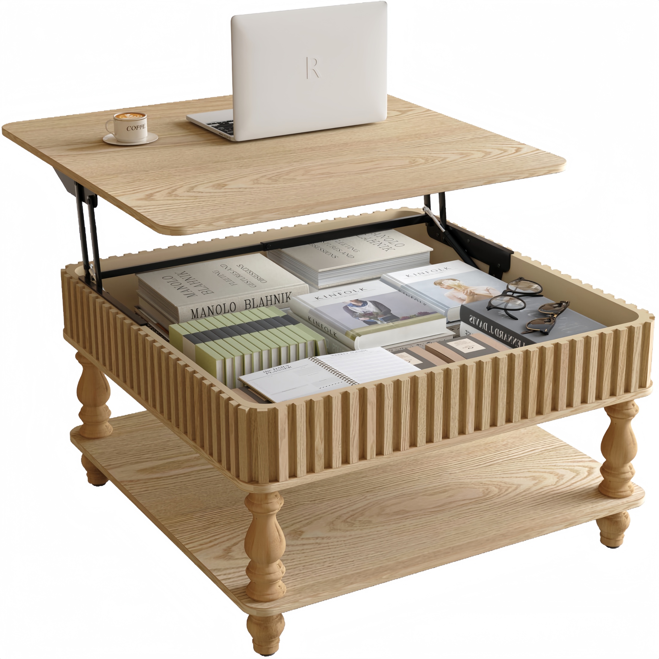 thumbnail video image 2 of Atumcto 31.5" Square Lift Top Coffee Table with Hidden Storage, Open Shelf, Fluted Design & Hydraulic Lift Mechanism for Living Room, Natural Wood, 2 of 12
