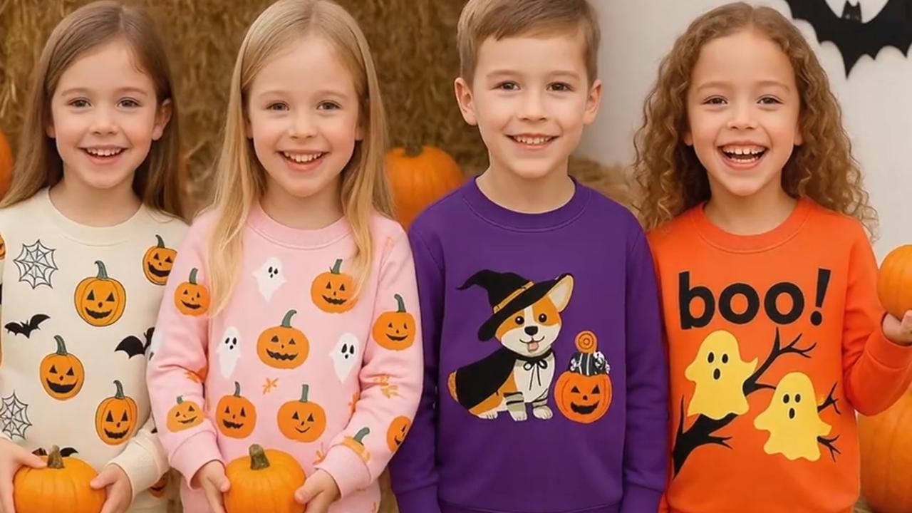 thumbnail video image 2 of HILEELANG Toddler(18M-7T) Halloween Sweatshirt – 100% Cotton Pullover with Skeleton BOO Print, White Fall Crewneck for Boys Girls 3 years old, 2 of 7