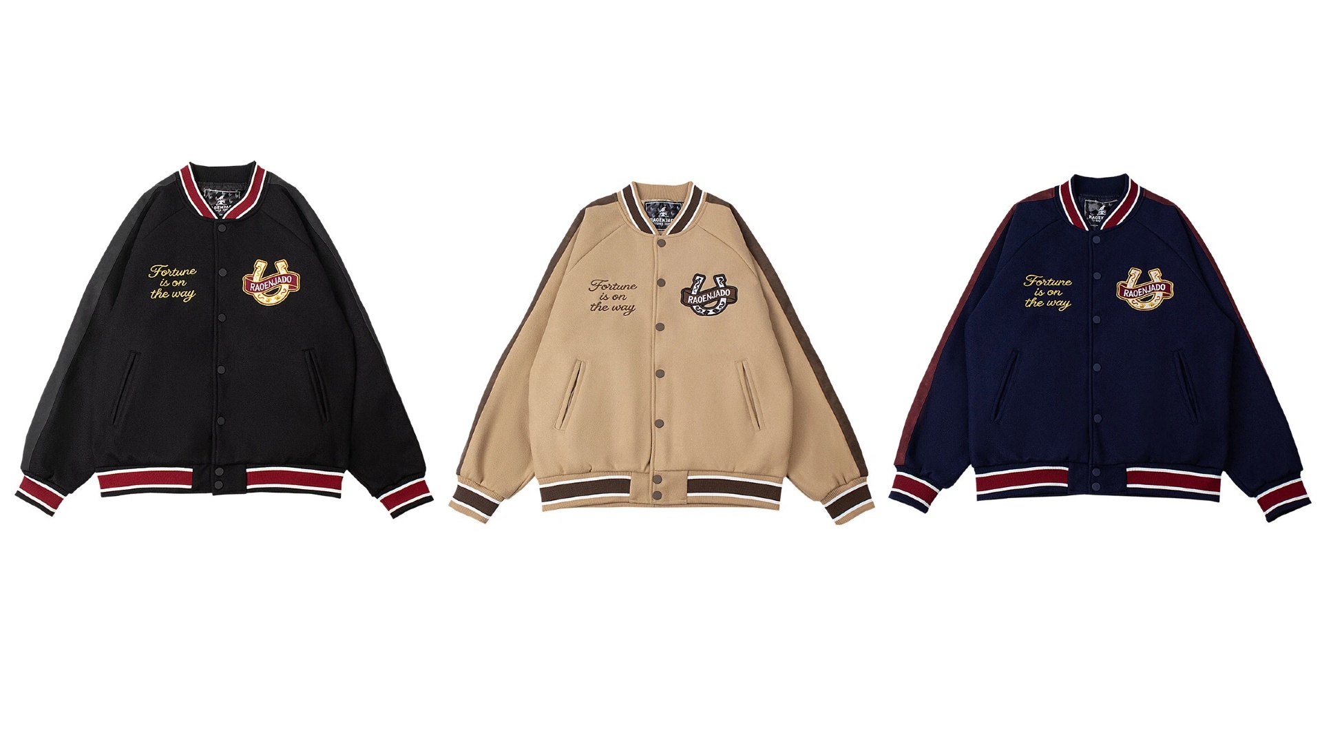 thumbnail video image 2 of RAOENJADO Mens Varsity Jacket Retro Bomber Baseball Letterman Coat with Horseshoe Embroidery Navy Blue M, 2 of 9