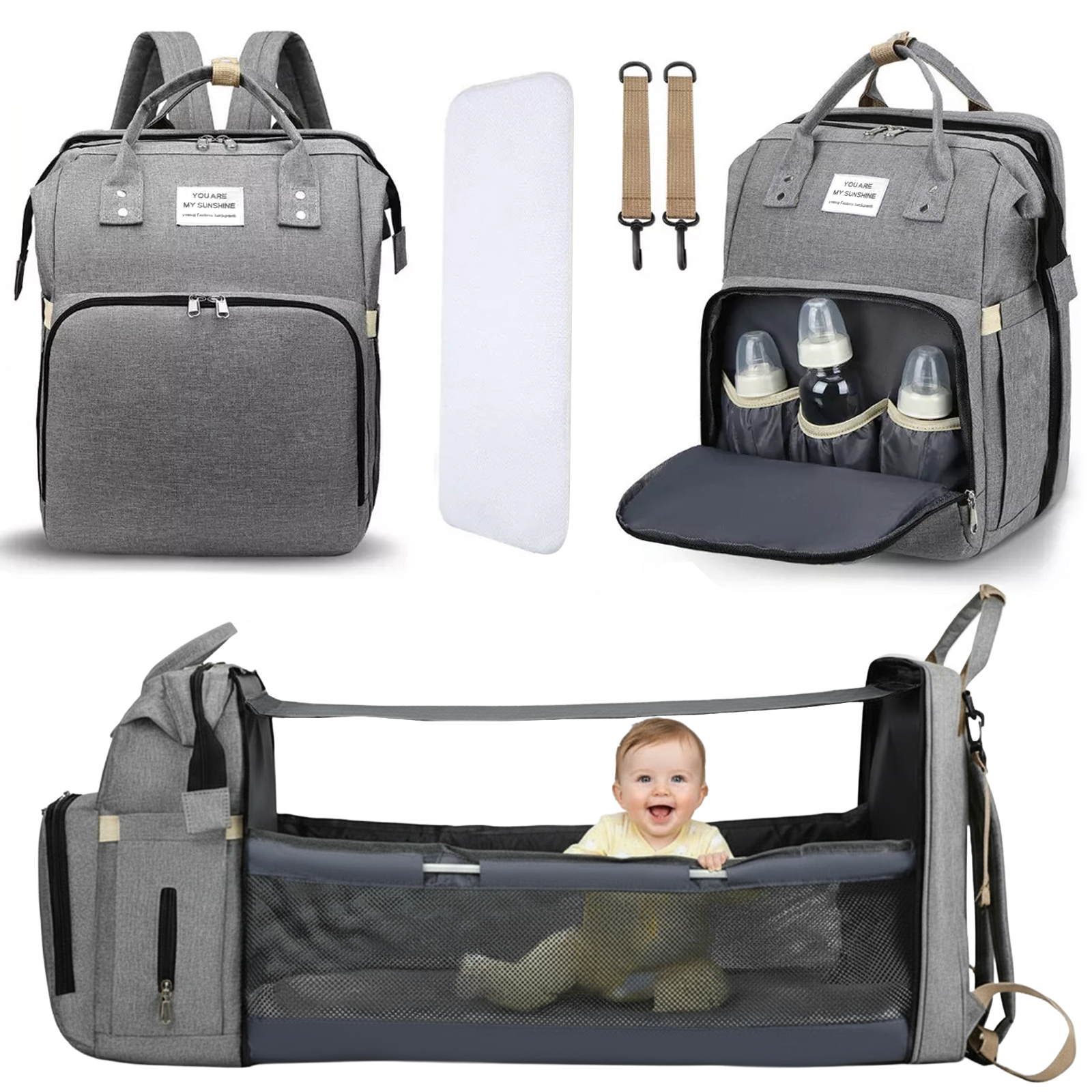 thumbnail video image 2 of Diaper Bag Backpack, Large Waterproof Baby Bag for Mom with Changing Pad, USB Charging Port, Baby Shower Gifts, Gray, 2 of 8