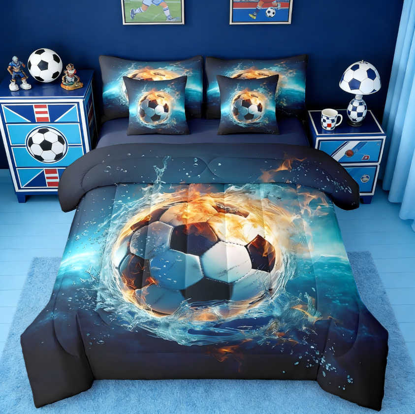 thumbnail video image 2 of Manfei Soccer Ball Gamer 7 Pieces Bedding Comforter Set,Kids Blue Football Full Bedding Set For Boys Girls Teens Sports Themed Reversible, 2 of 8