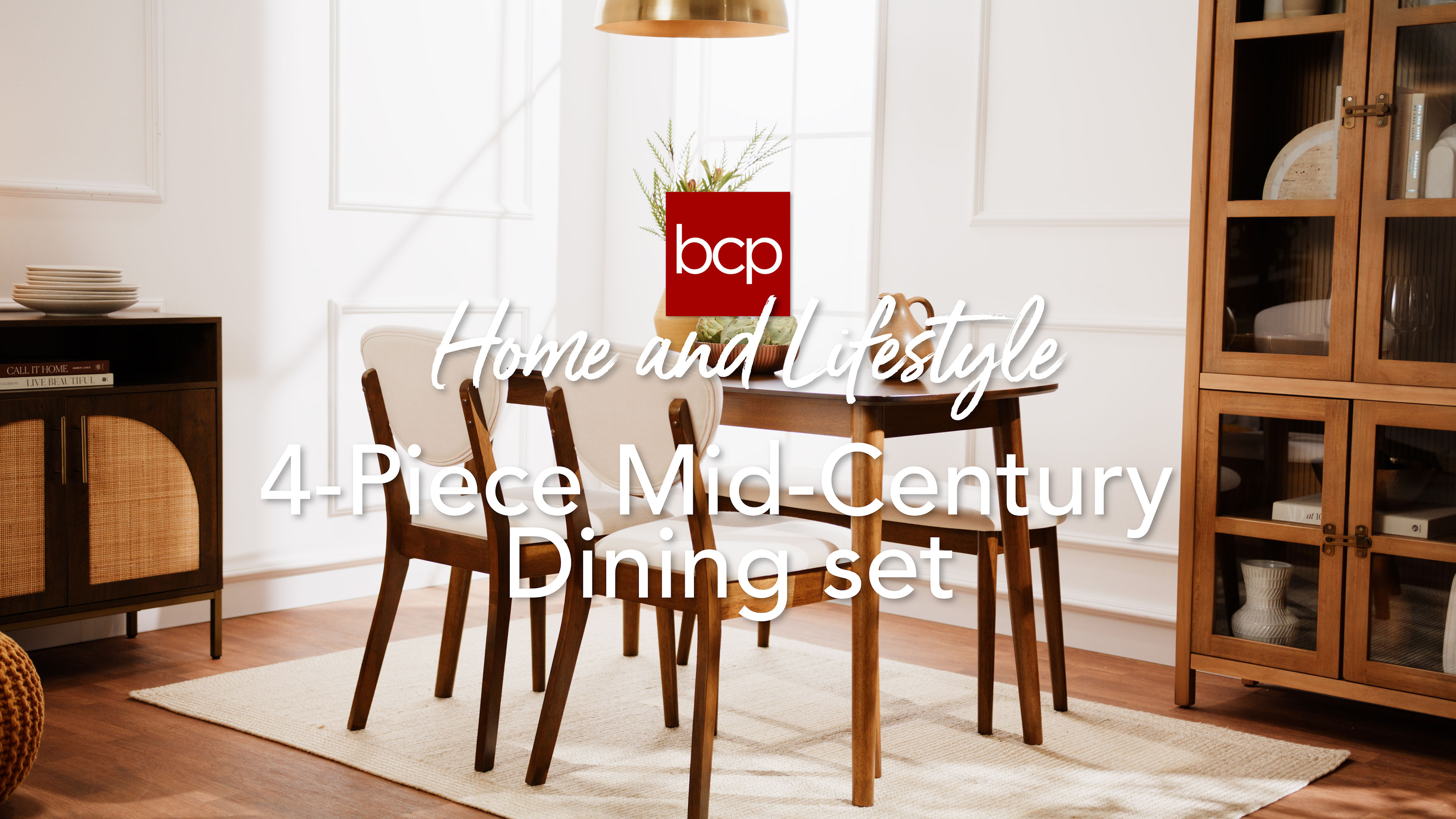 thumbnail video image 2 of Best Choice Products 4-Piece Mid-Century Modern Upholstered Wooden Dining Set w/ 2 Chairs, Bench - Walnut/Cream, 2 of 7