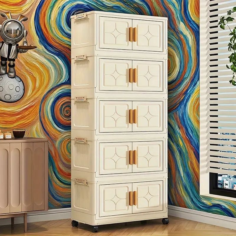 thumbnail video image 2 of 5-Tier Foldable Rolling Storage Cart with Doors and Clear Window, Large Capacity Plastic Storage Bins with Wheels, Portable Bedroom Closet Organizer with Magnetic Closure and Stackable Drawers, Cream, 2 of 8