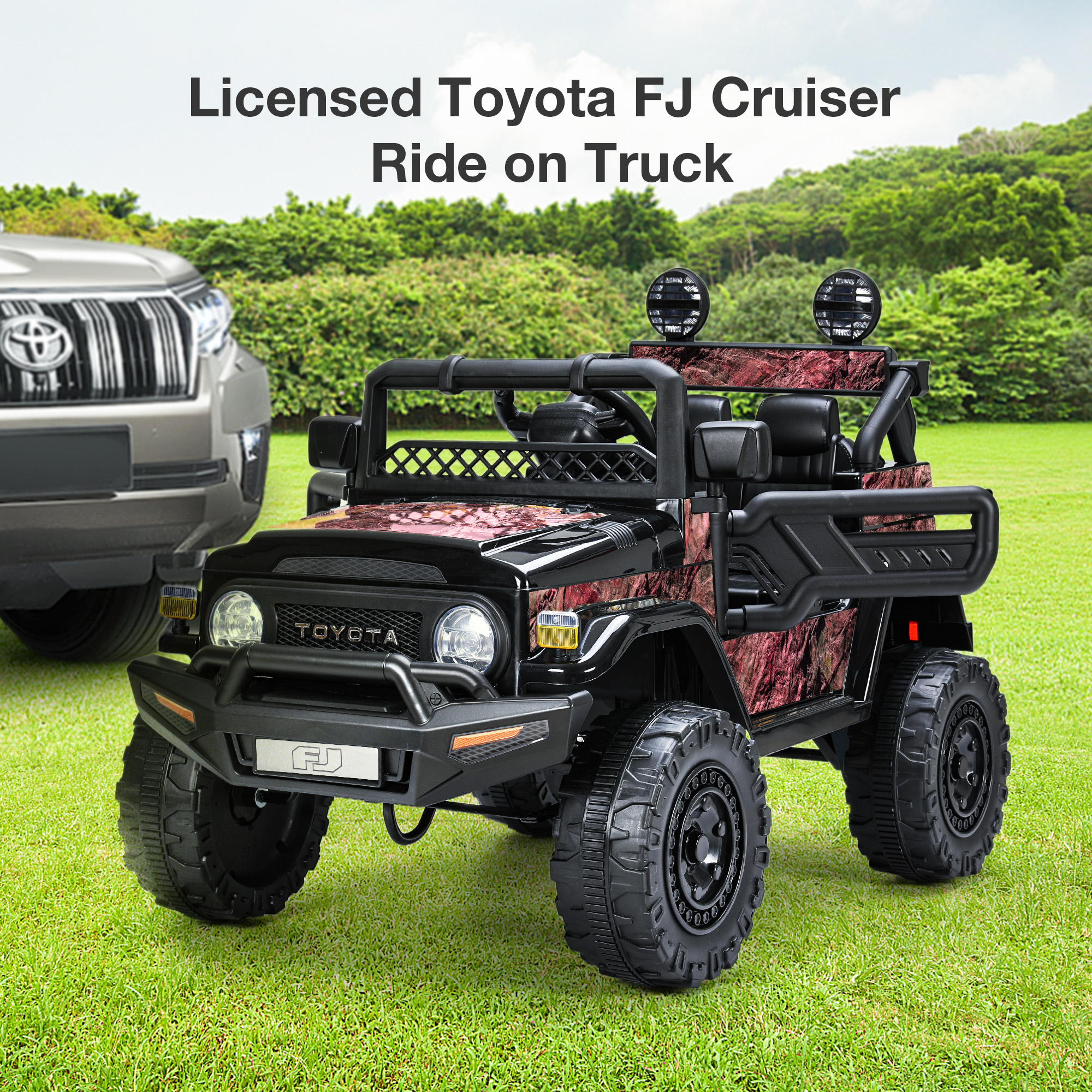 thumbnail video image 2 of FUNTOK 24V 2 Seater Kids Ride on Toys w/ 20 " Large Seat, 4 x 200W Motor, 2WD/4WD Switchable Ride on Truck, 3 Speeds w/ Remote Control/LED Lights/Music/Bluetooth, 2 of 10