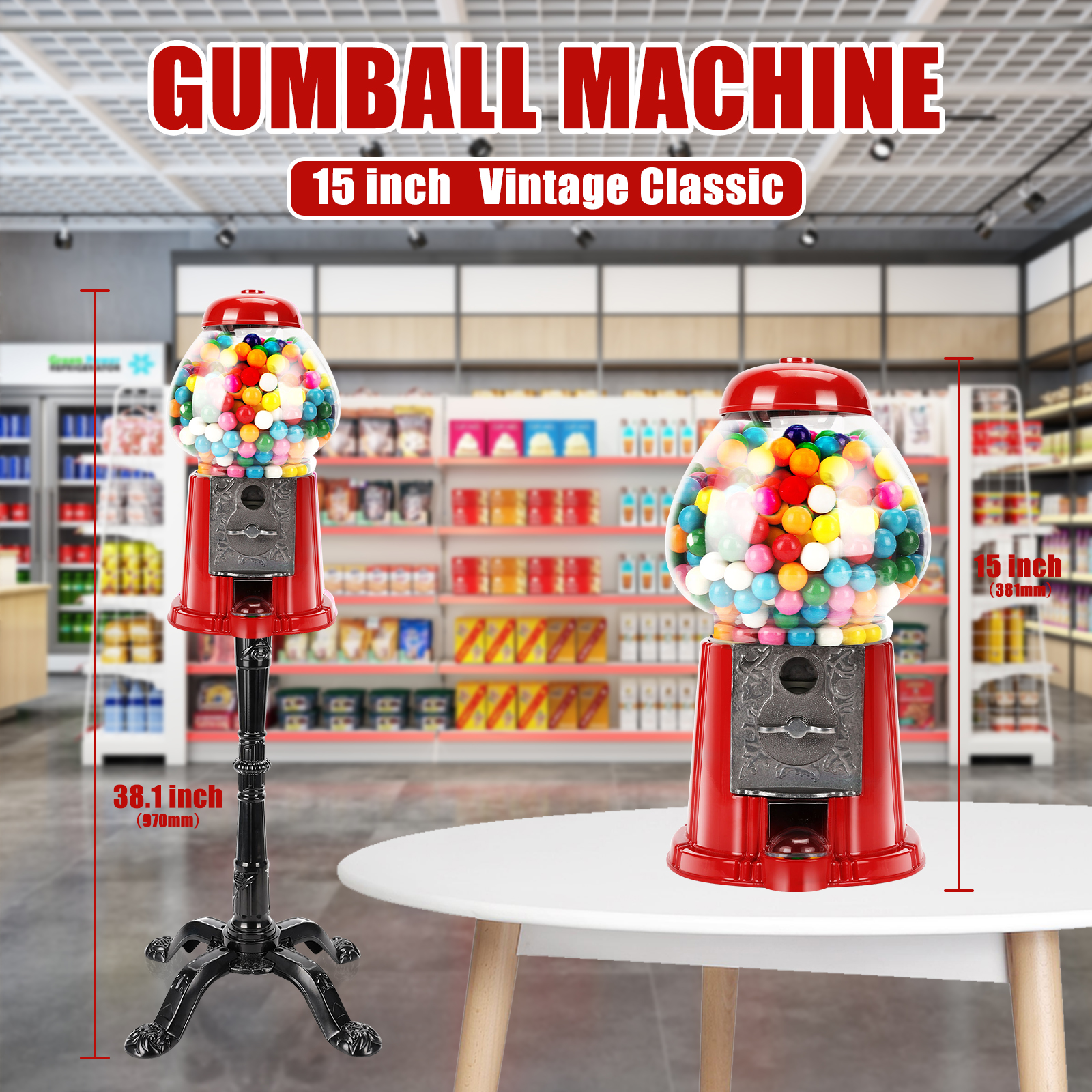 15 Inch Gumball Machine, Home Bubble Gum Candy Dispenser for Shop ...