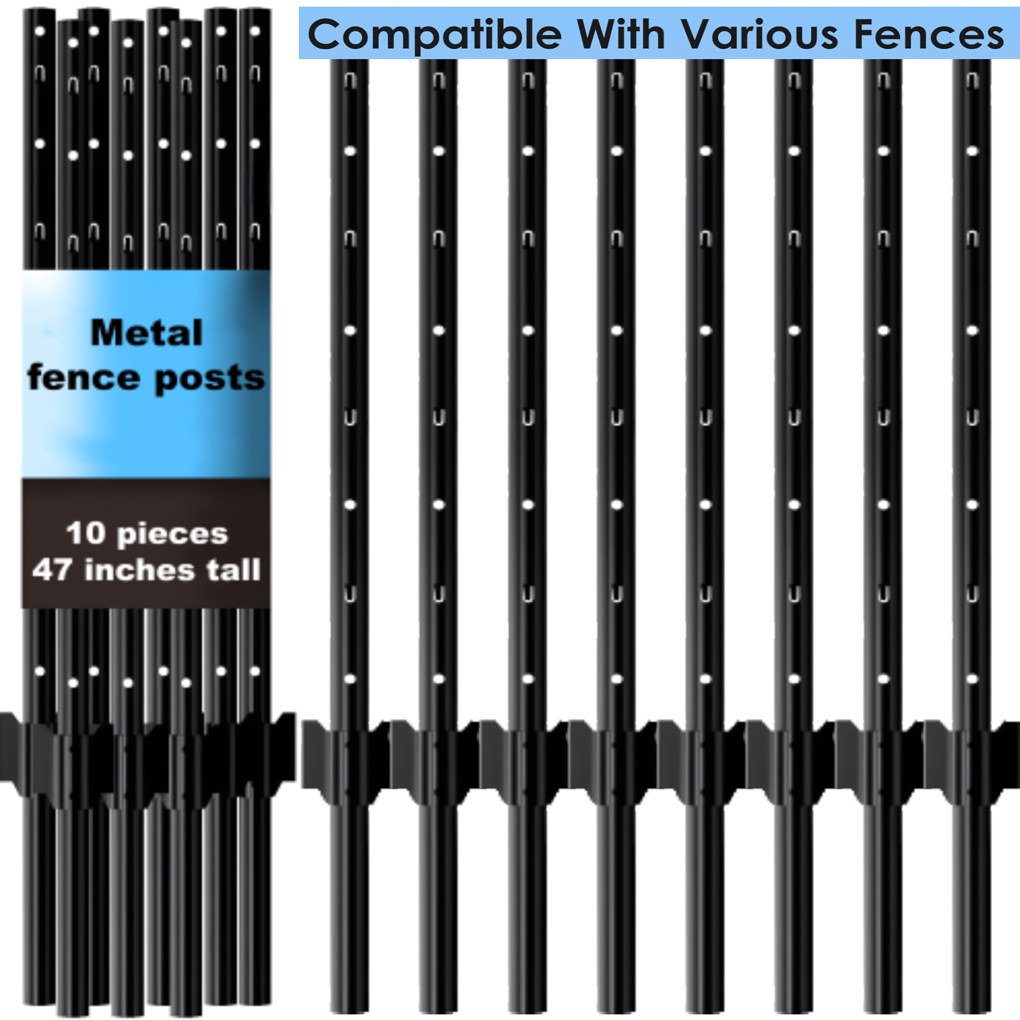 thumbnail video image 2 of 6 Pcs 4ft Black Metal Fence Posts , Heavy Duty Metal Fence Stakes for Outdoor Garden Yards,Lawns ,Farm Fence Supports No-Dig U Post Corner Anchors, 2 of 12
