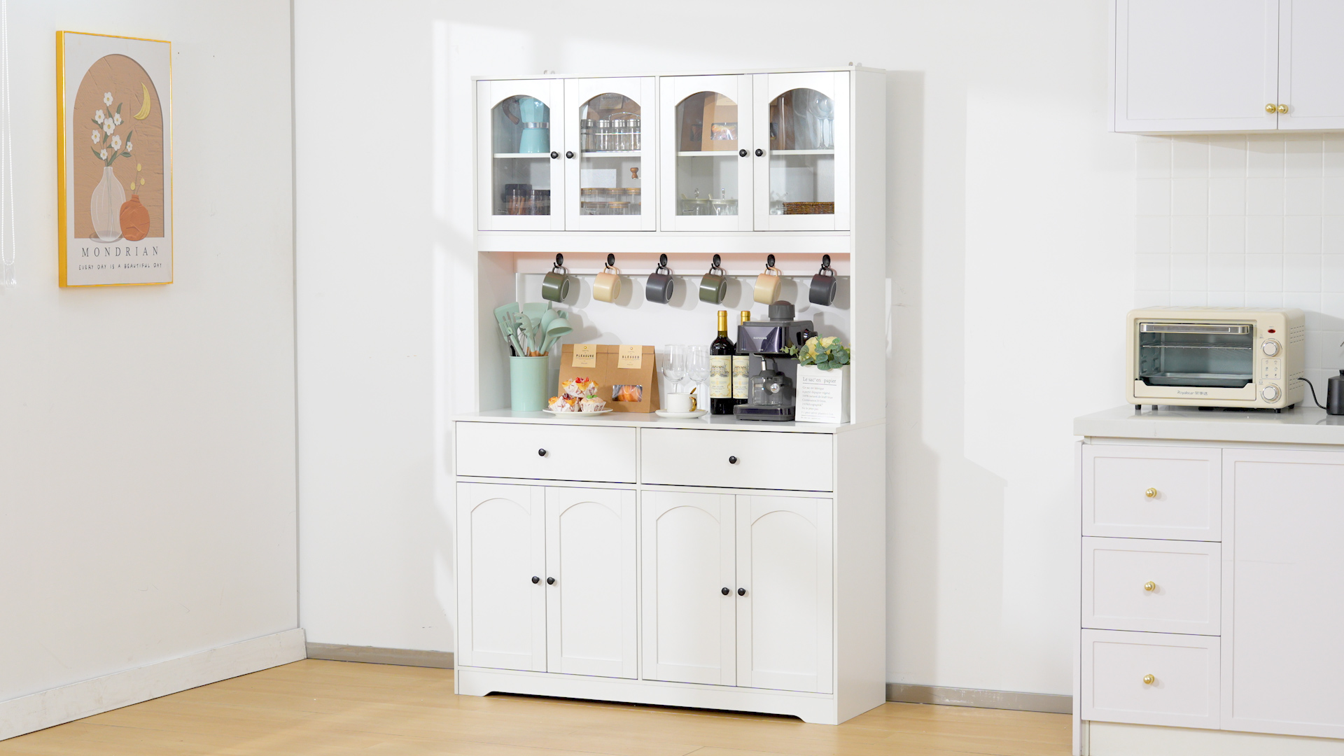 thumbnail video image 2 of Homfa 71" Kitchen Pantry with LED Lights and Charging Station, Freestanding Kitchen Cupboard with Storage and Microwave Stand, Floor Cabinet for Dining Living Room, Black, 2 of 8