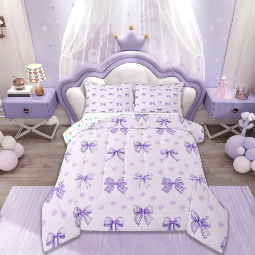 thumbnail video image 2 of Manfei Girls Purple Bow Queen Comforter Set,Girly Cute Dot Bowknot Bedding Comforter Set For Girls,Princess Bow-Tie Reversible 3pcs, 2 of 10