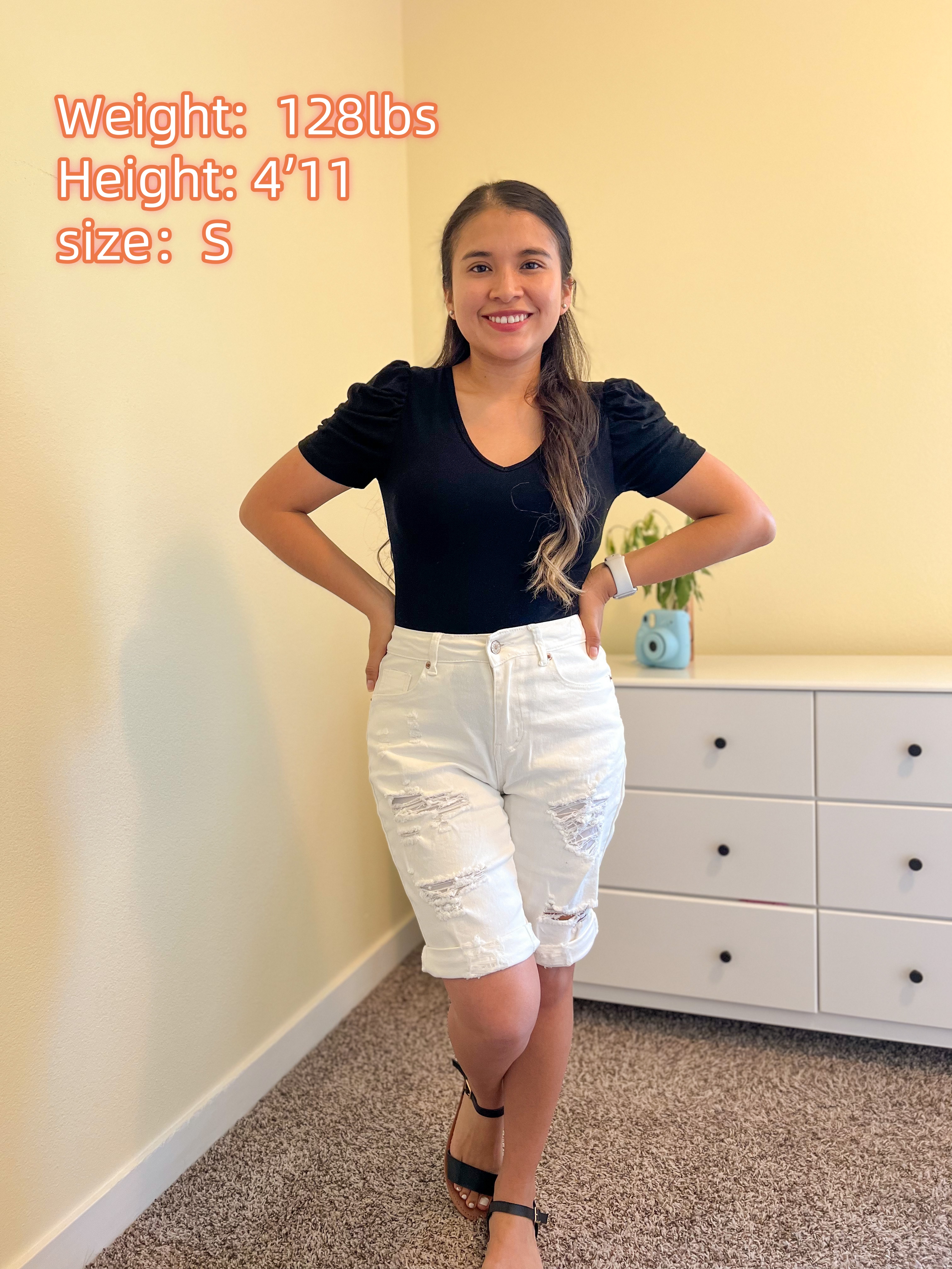 thumbnail video image 2 of Necooer Women's Stretchy Bermuda Denim Shorts, Rolled Hem, Distressed, Ripped (Large, A-White), 2 of 8