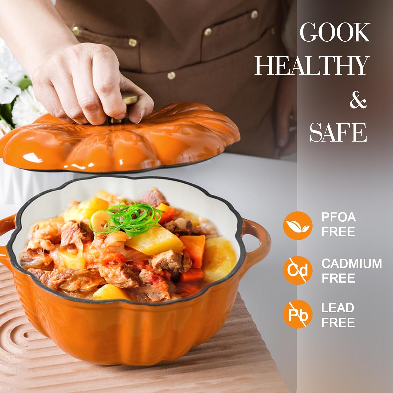 thumbnail video image 2 of 6.3/7.87/9.84in KANOHENO Pumpkin Dutch Oven Pot with Lid,Pumpkin Cocotte Cast Iron Dutch Oven,Stew Soup Pot,Serves 3-5,For Fall Thanksgiving Decor,Halloween Decor, 2 of 10