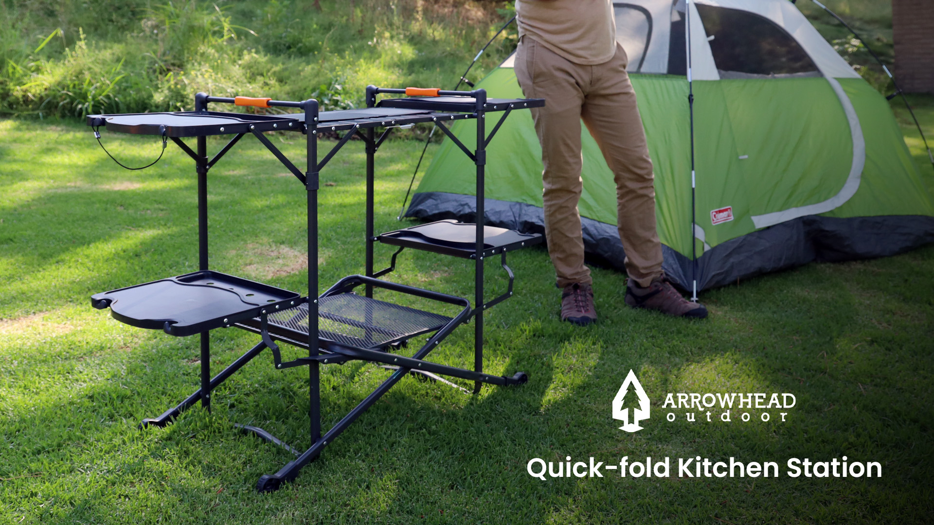 thumbnail video image 2 of Arrowhead Outdoor Quick Folding Kitchen Station, 54" Wide Camping Tables with Fold-out Side Tables, 2 of 10
