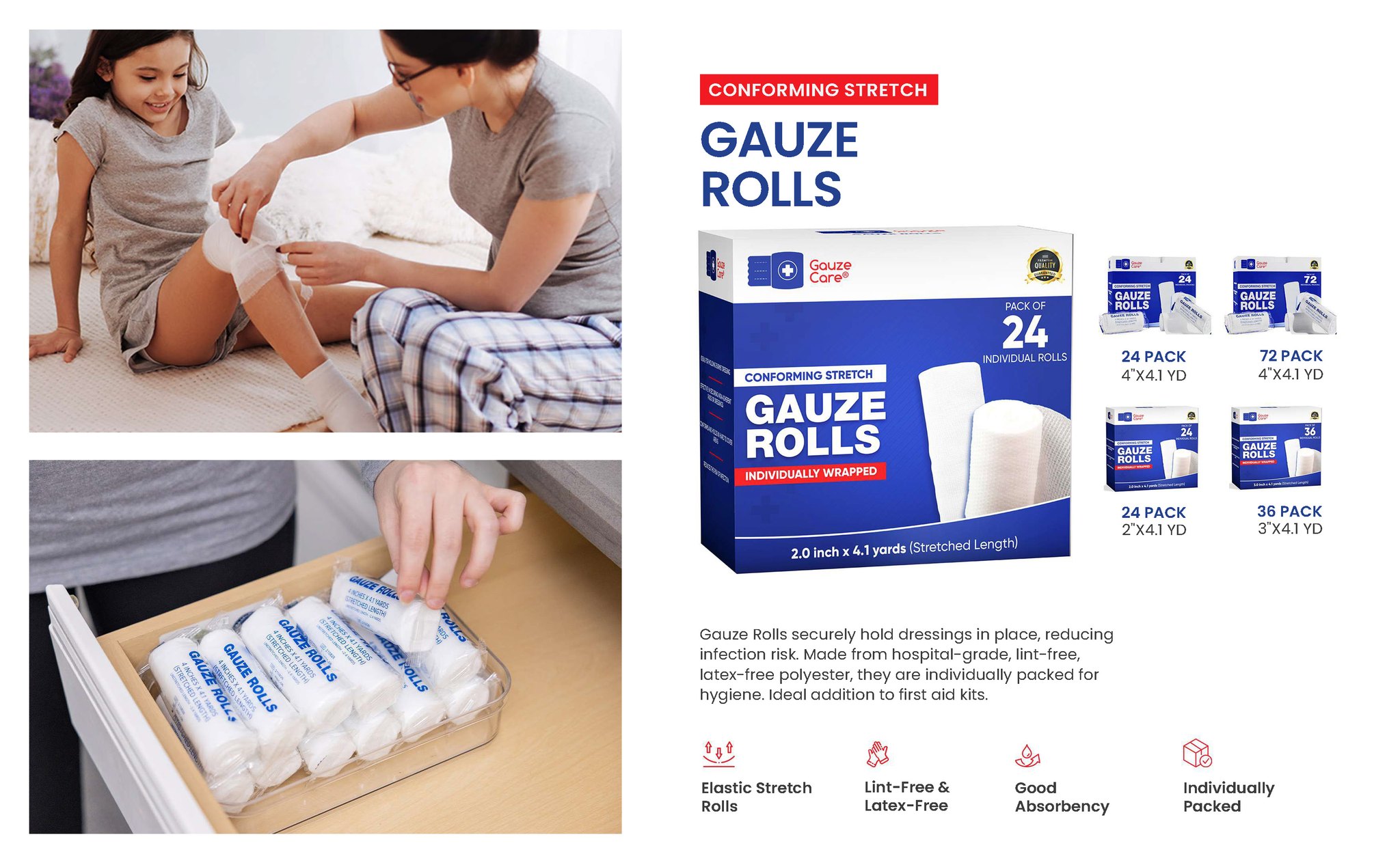 thumbnail video image 2 of Gauze Rolls 24-Pack – 4" x 4.1 yd, Lint and Latex-Free, Conforming Stretch Bandages for First Aid and Wound Care, 2 of 13
