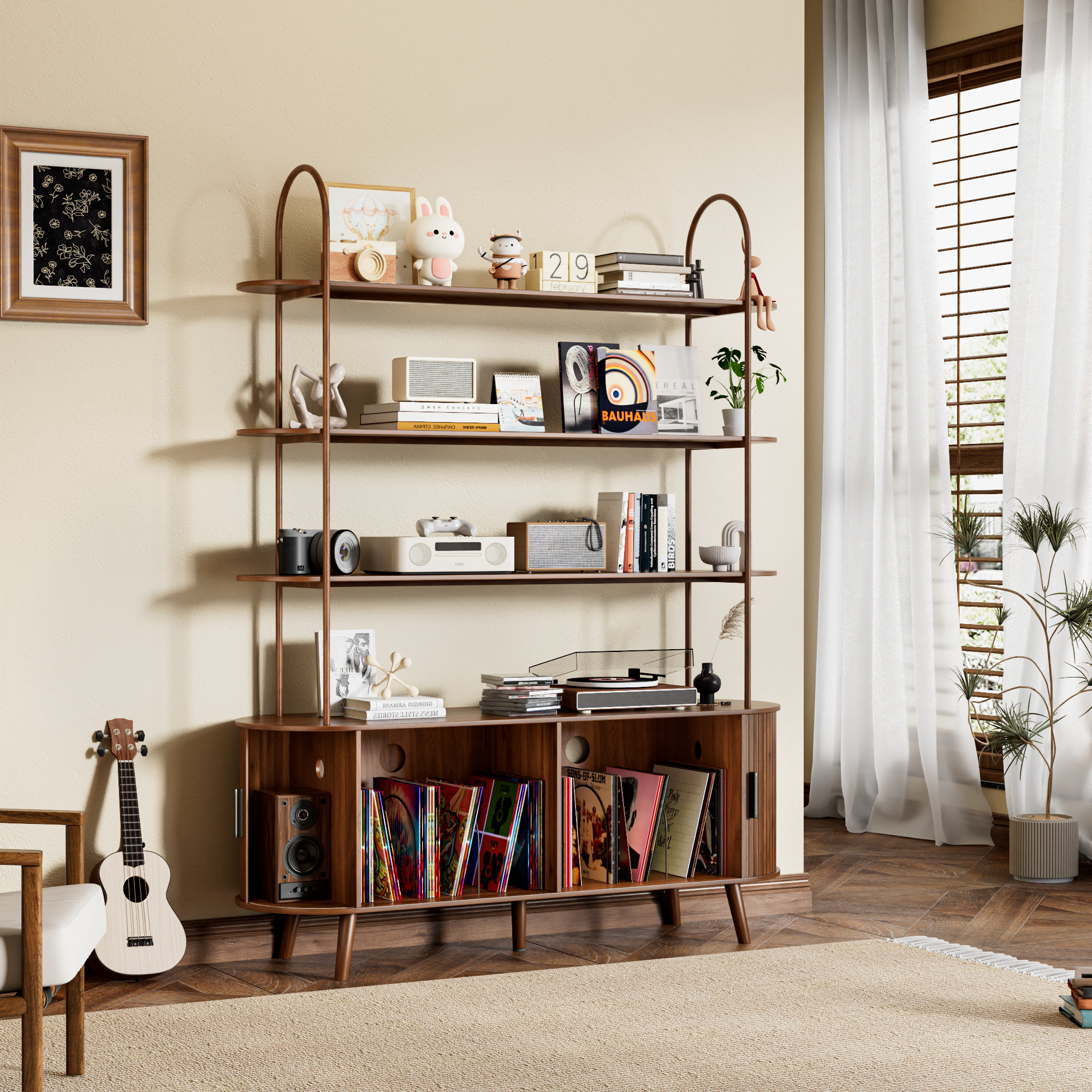 thumbnail video image 2 of Tall Large Mid Century Modern Bookshelf with with Sliding Tambour Doors, 4-Tier Open Display Storage Shelf, Vinyl Record Player Stand for Home Office, Living Room, Walnut, 2 of 11