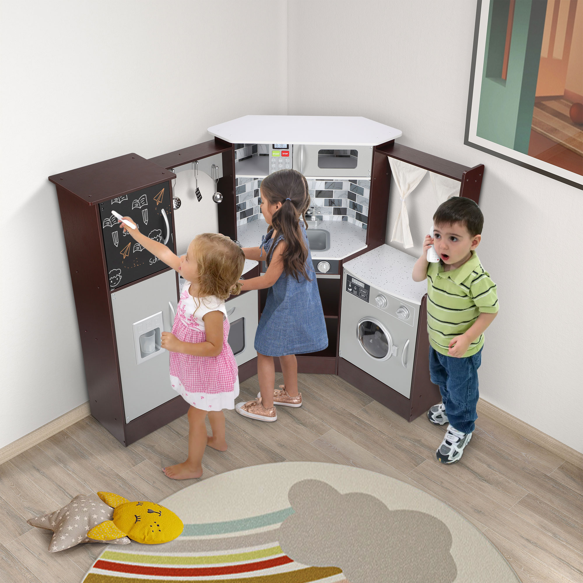 thumbnail video image 2 of iYofe Corner Wooden Play Kitchen, Kids Kitchen Playset w/Light & Sound, Phone, Microwave, Stove, Cocina de Juguete Para Niña with Cooking Toys Accessories for Toddler Ages 3-5 Boys Girls, Espresso, 2 of 10