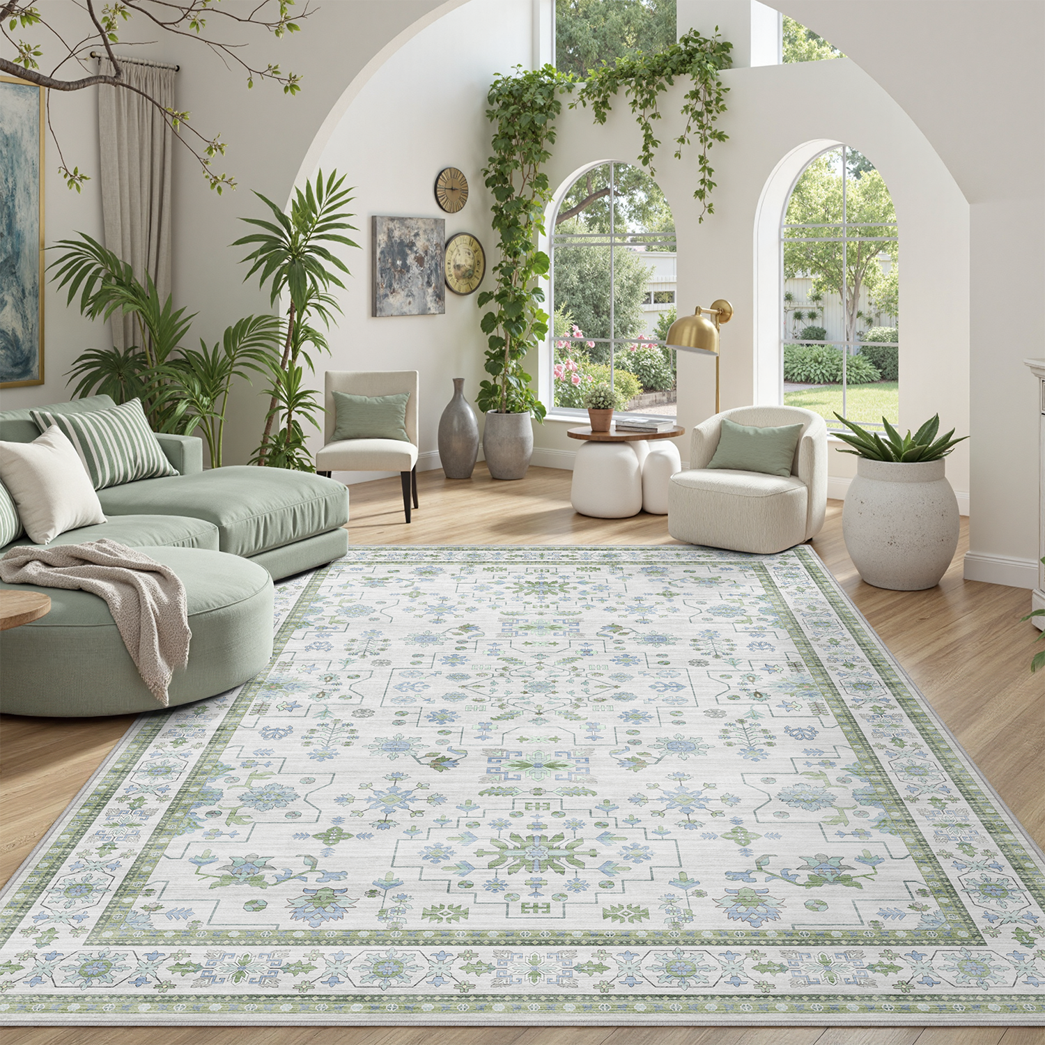 thumbnail video image 2 of Washable carpet, retro Bohemian style, 5x7 anti-slip and stain-resistant low-pile floor carpet, suitable for living room, Office,bedroom, kitchen-Green, 2 of 8