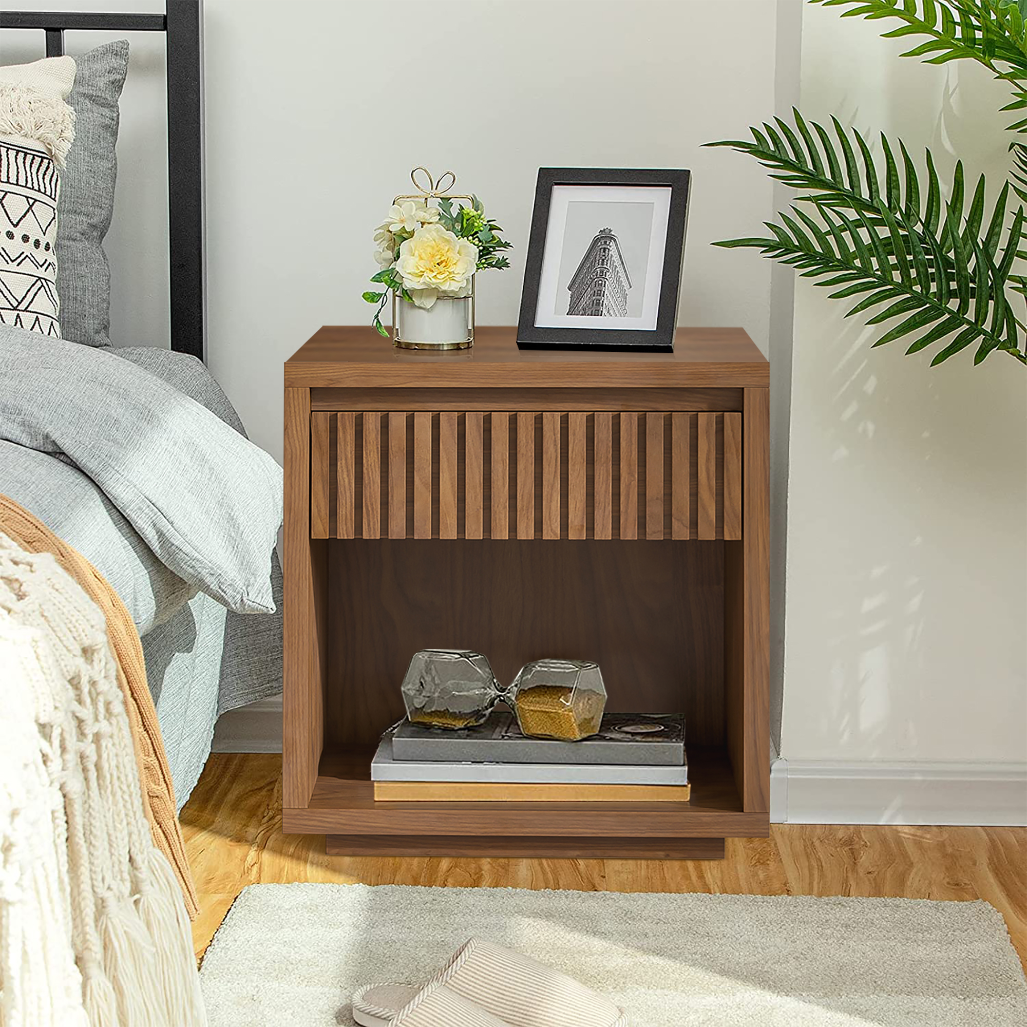 thumbnail video image 2 of Modern Nightstand, Bedside Table with Drawer and Opening Shelf, End Table for Living Room, Bedroom, Walnut Color, 2 of 9