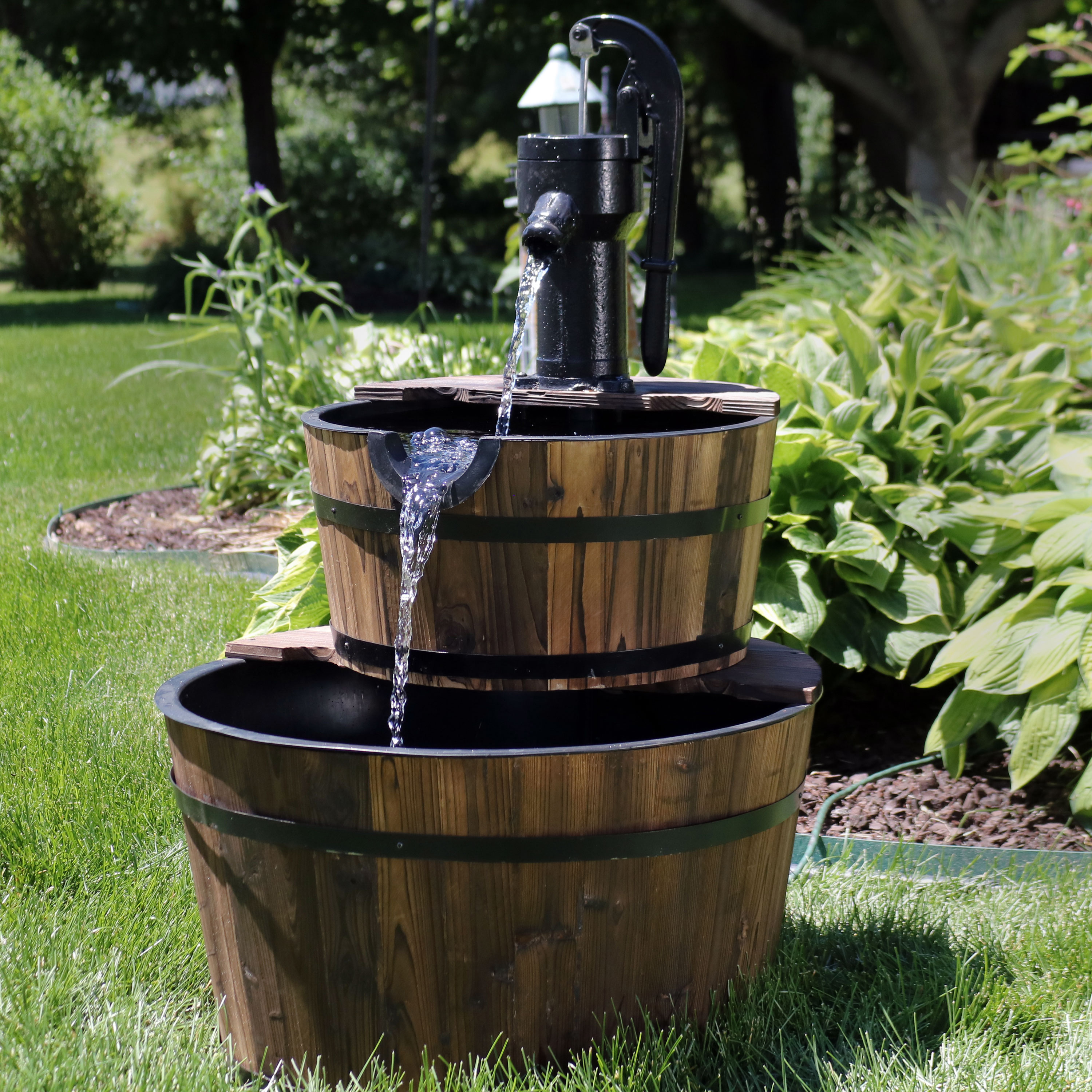 thumbnail video image 2 of Sunnydaze Wood Barrel Brown 2-Tier Outdoor Water Fountain with Hand Pump, 2 of 13