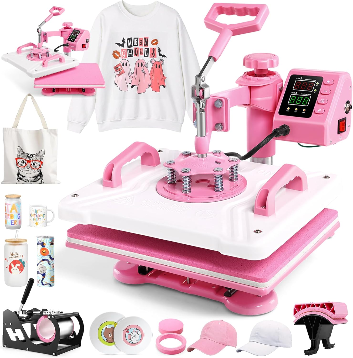 thumbnail video image 2 of Adnoom Heat Press Machine 12x15 5 in 1, 900W Heat Press 360° Swing Away, Dual-Tube Heating Heat Transfer Machine for Tshirt Plate Cap Mug, Pink, 2 of 7
