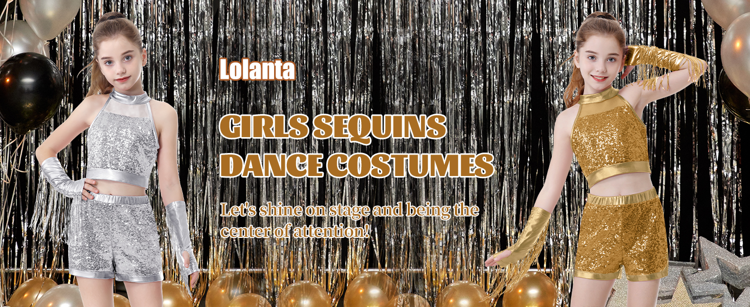 thumbnail video image 2 of LOLANTA Girls Sequin Dance Outfit Crop Sequin Top Metallic Shorts with Tassel Arm Sleeves 5-27 Years Recital Costumes, 2 of 8