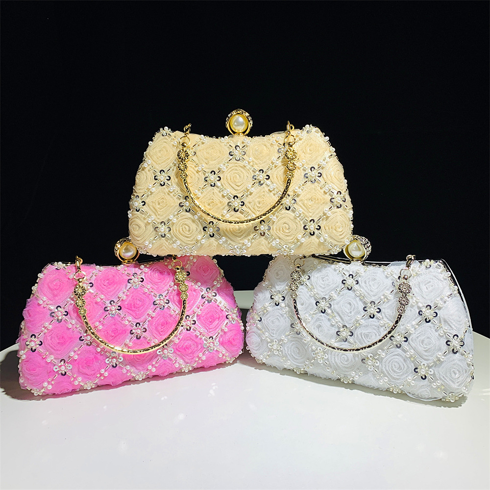 thumbnail video image 2 of Fashion Evening Handbag Wedding Purses for Women with Handmade Flower Beads for Banquets, Weddings and Parties,Champagne, 2 of 13