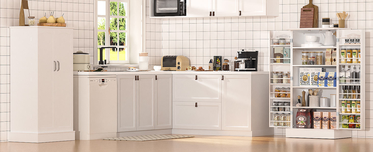 thumbnail video image 2 of 47 Kitchen Pantry Cabinet, White Buffet Cupboards Sideboard with Doors & Adjustable Shelves, Kitchen, 2 of 13