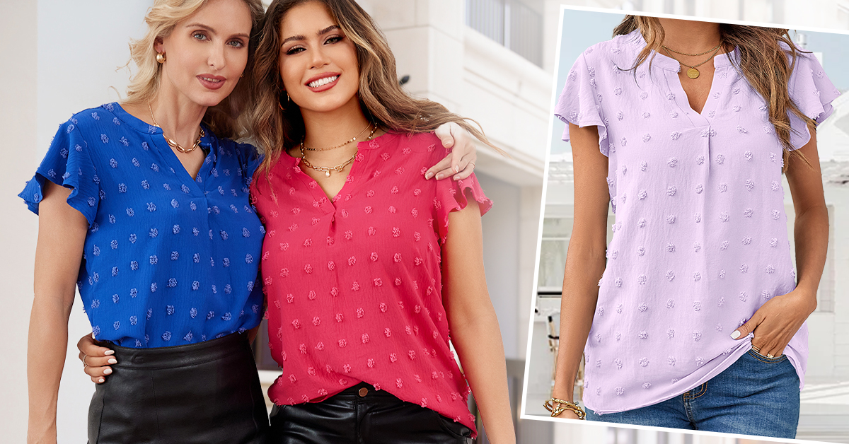thumbnail video image 2 of Merokeety Womens Summer Tops Ruffle Short Sleeve Blouse V Neck Flowy Tunic Shirts Royal 2xl, 2 of 5