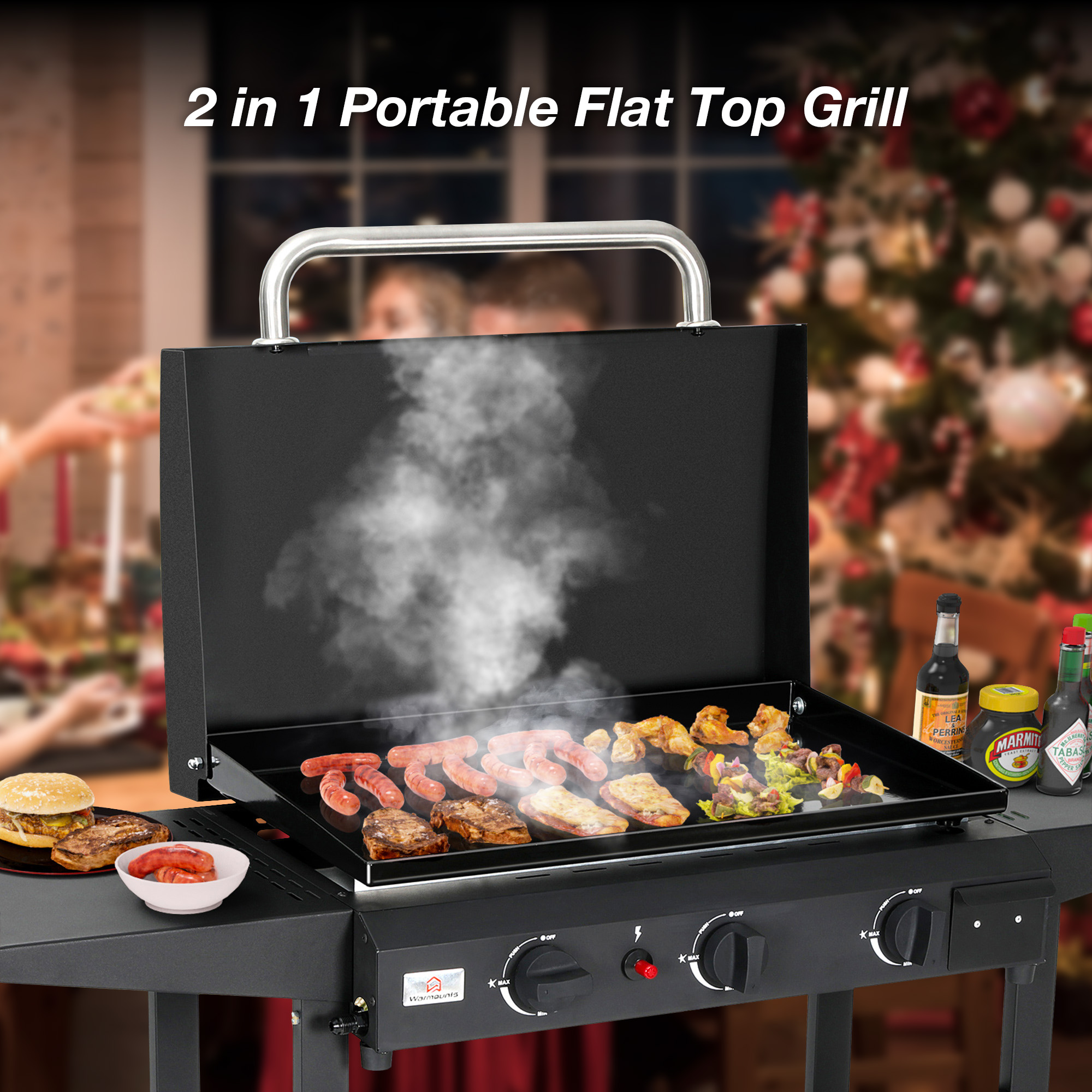 thumbnail video image 2 of WARMOUNTS 3 Burner 23'' Propane Gas Griddle Removable, 2 in 1 Portable Flat Table Top Grill with Lid, 24600 BTU Outdoor Griddle with 4 wheels, Nonstick Enameled Tray, Side Tables, for Camping, BBQ, 2 of 11