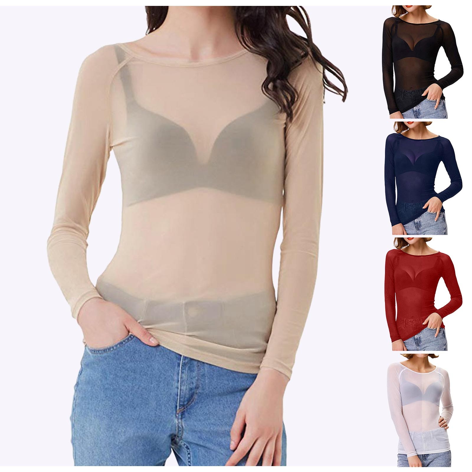 thumbnail video image 2 of YUEHUA Women's Mesh Tops See Through Shirts Long Sleeve Bodycon Sheer Blouse Clubwear, 2 of 5