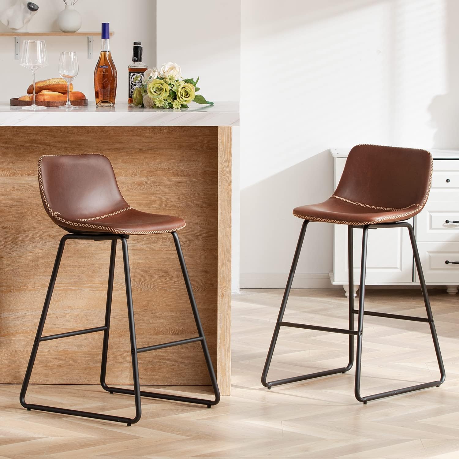 thumbnail video image 2 of HeuGah Bar stools Set of 2,Faux Leather Counter Height Bar Stools,Dining Room Chairs with Metal Legs & Soft Backrest Easy to Assemble, 2 of 6