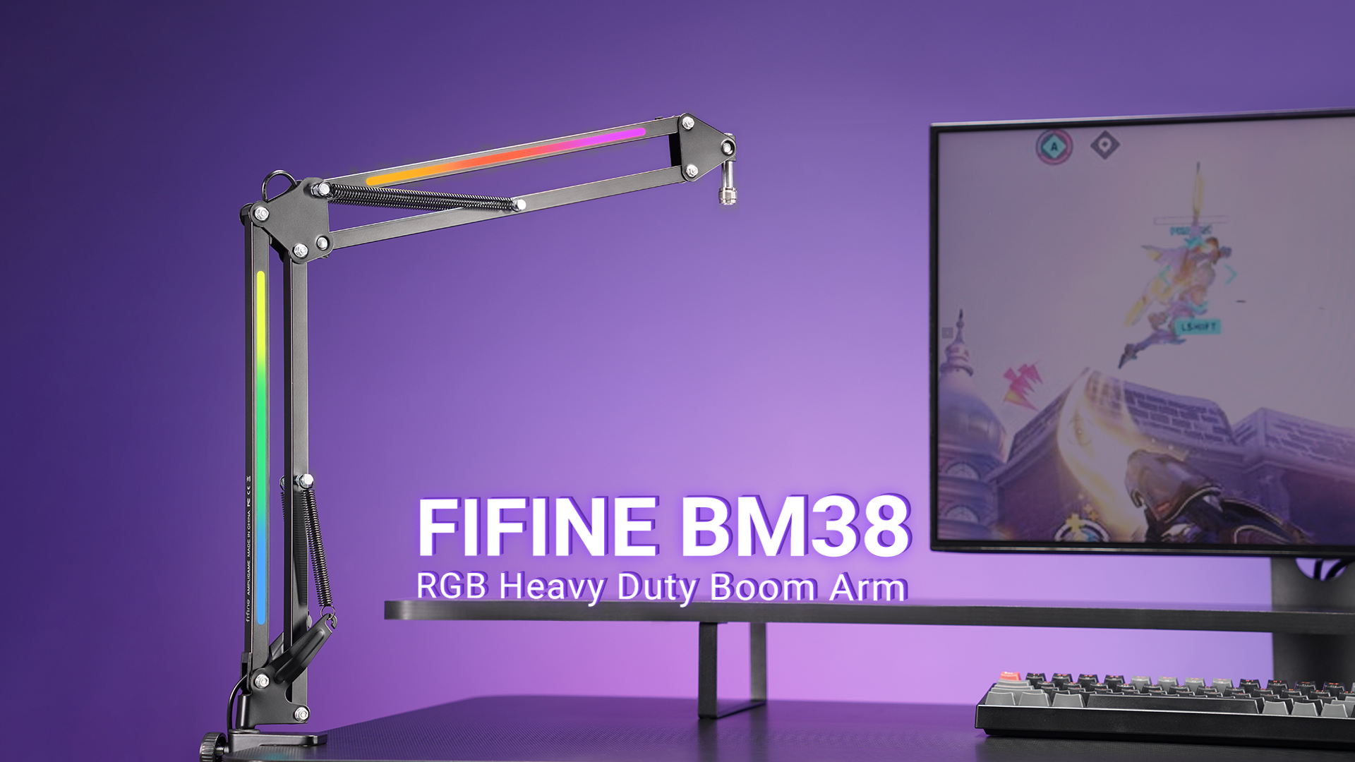 thumbnail video image 2 of FIFINE RGB Heavy-Duty Boom Arm Stand for 3.3lb Microphone, 30 inch Adjustable Suspension Mic Arm with 3/8" to 5/8" Adapter, 2in Clamp Mount for Gaming/Streaming, 2 of 9