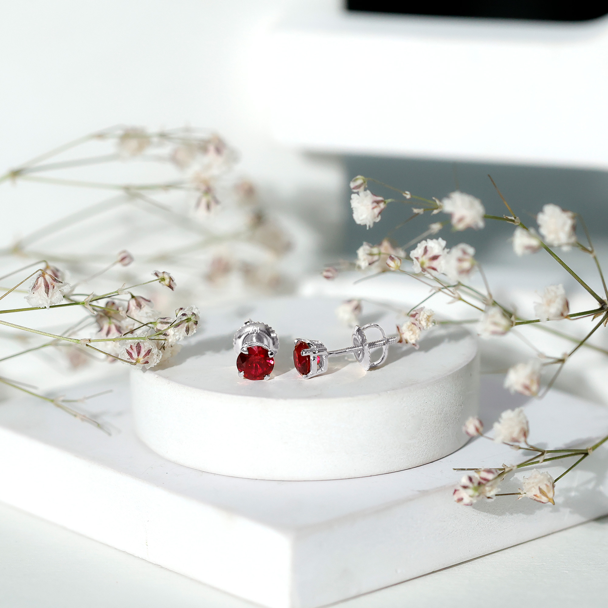 thumbnail video image 2 of Rosec Jewels 1.30 Carat Lab Created Ruby Earrings in Silver (AAAA Quality) - 5 mm Round Stud Earrings Screw Back - Ready to Gift for Women, 2 of 8